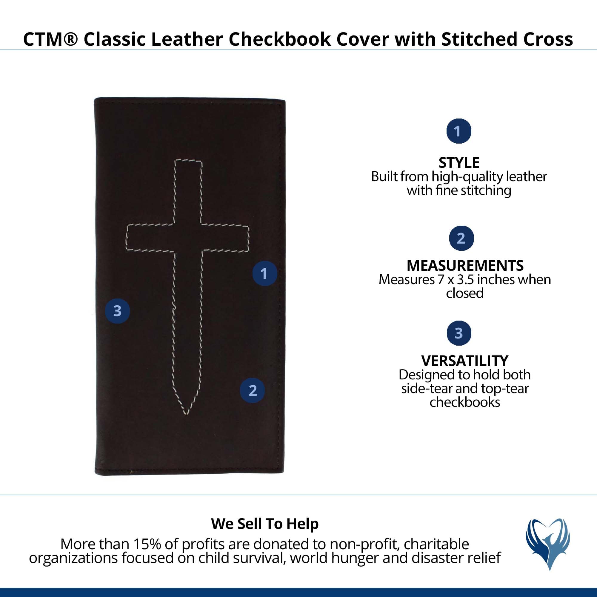 CTM® Classic Leather Checkbook Cover with Stitched Cross - Brown