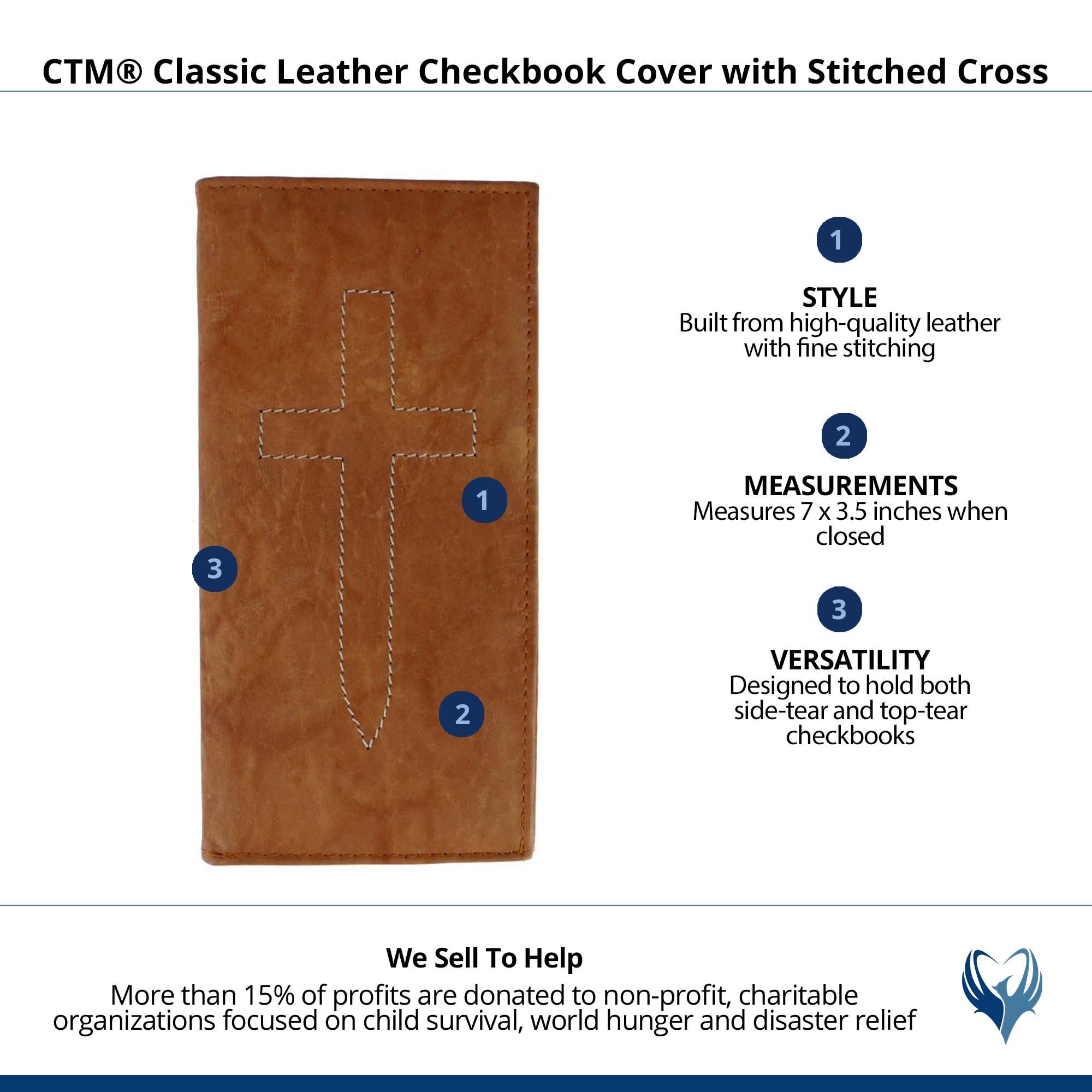 CTM® Classic Leather Checkbook Cover with Stitched Cross - Tan