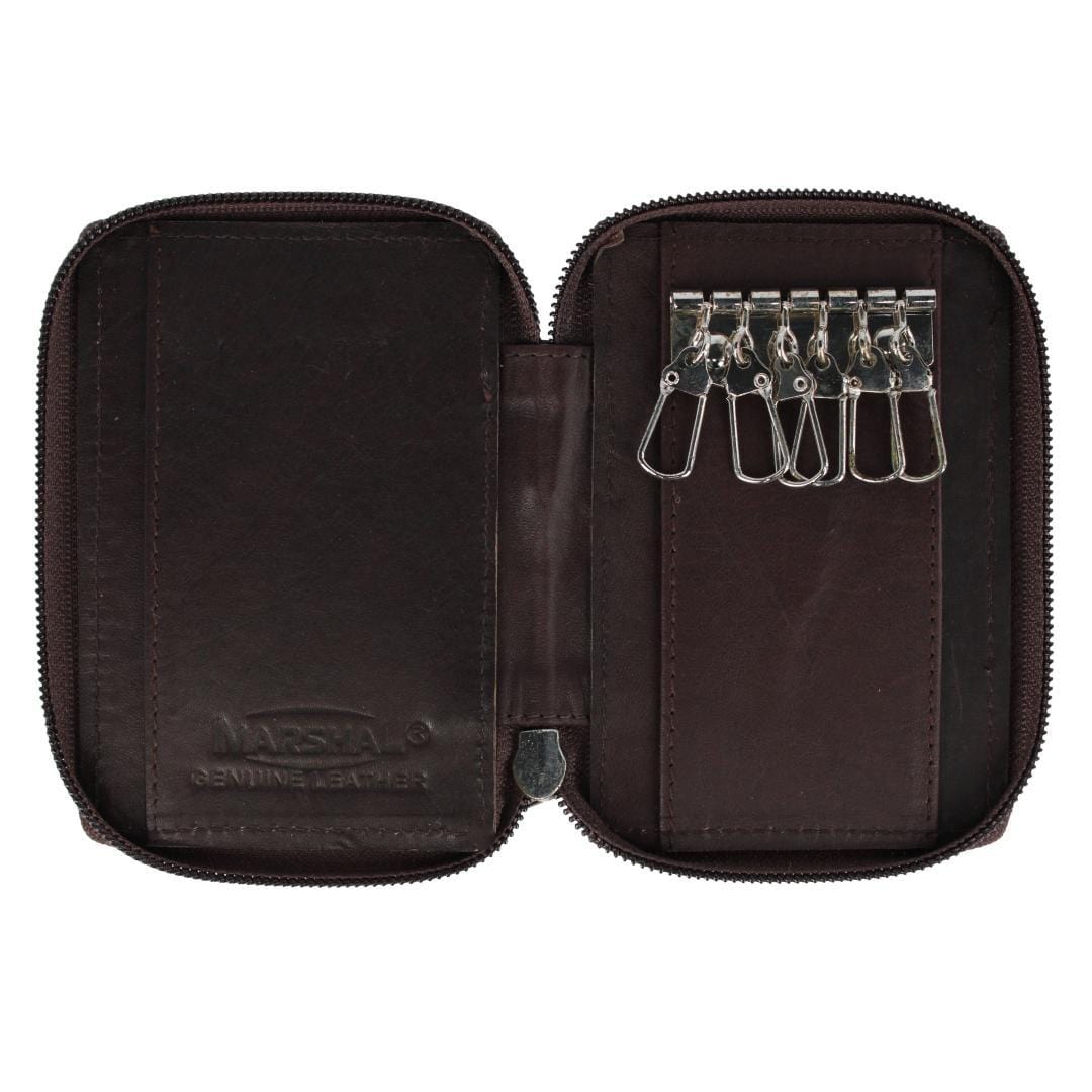 CTM® Leather Zip Around Key Case with Card Slot - Brown