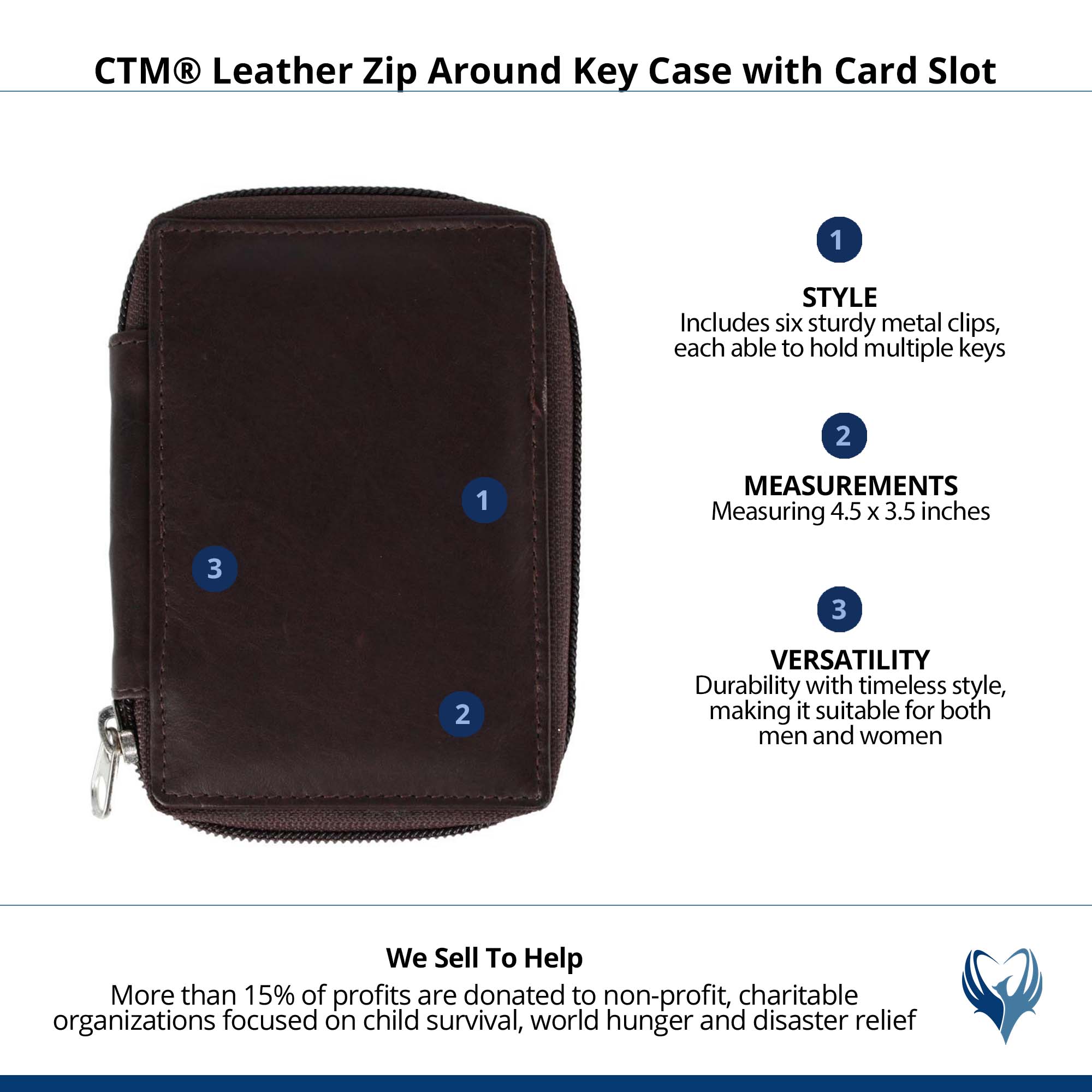 CTM® Leather Zip Around Key Case with Card Slot - Brown