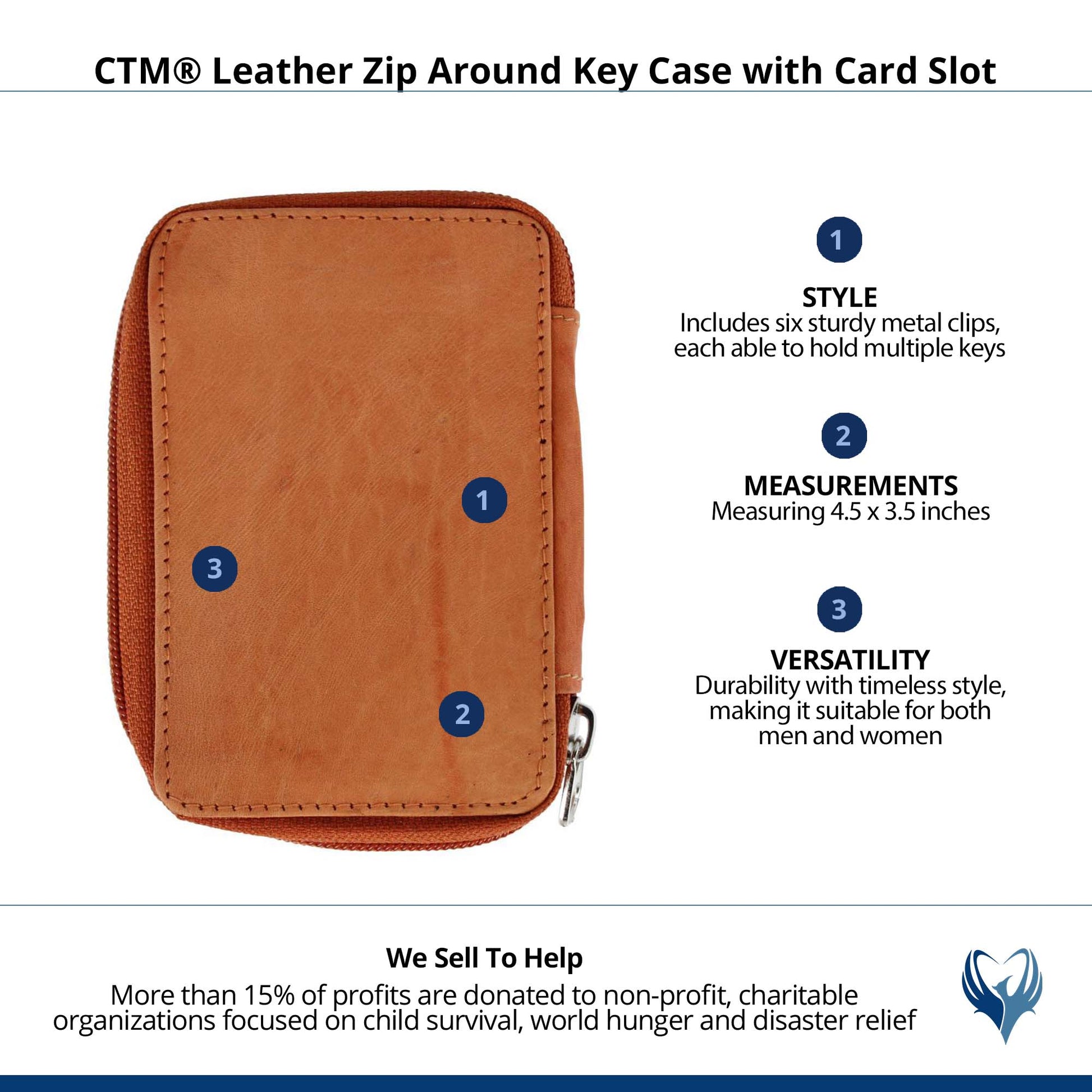 CTM® Leather Zip Around Key Case with Card Slot - Tan
