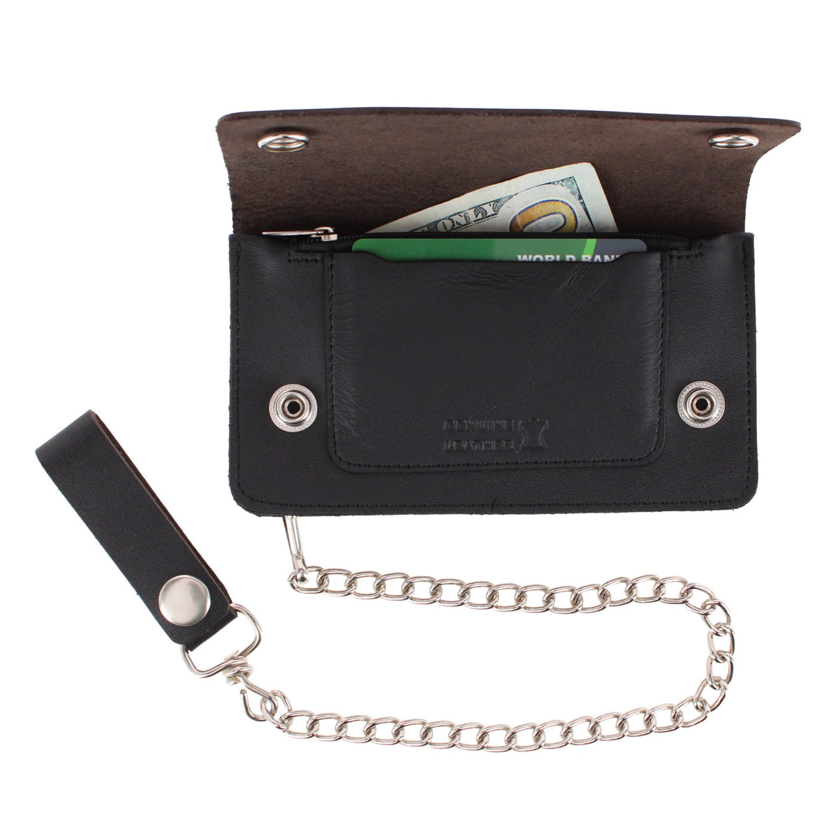 CTM® Men's Leather Chain Wallet with Snap Closure and Zipper Compartment - Black