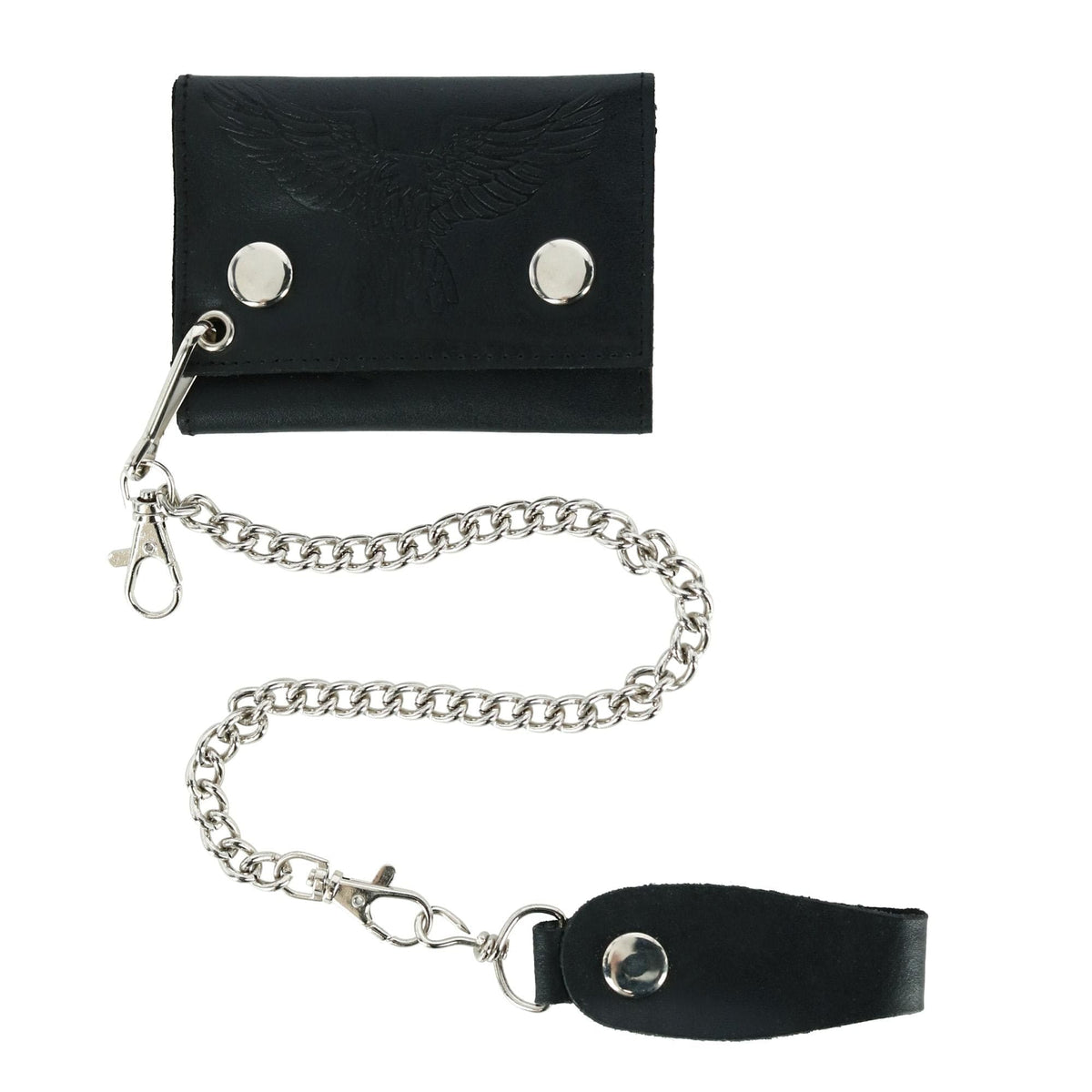 CTM® Men's Leather Eagle Print Trifold Double Snap Chain Wallet - Black