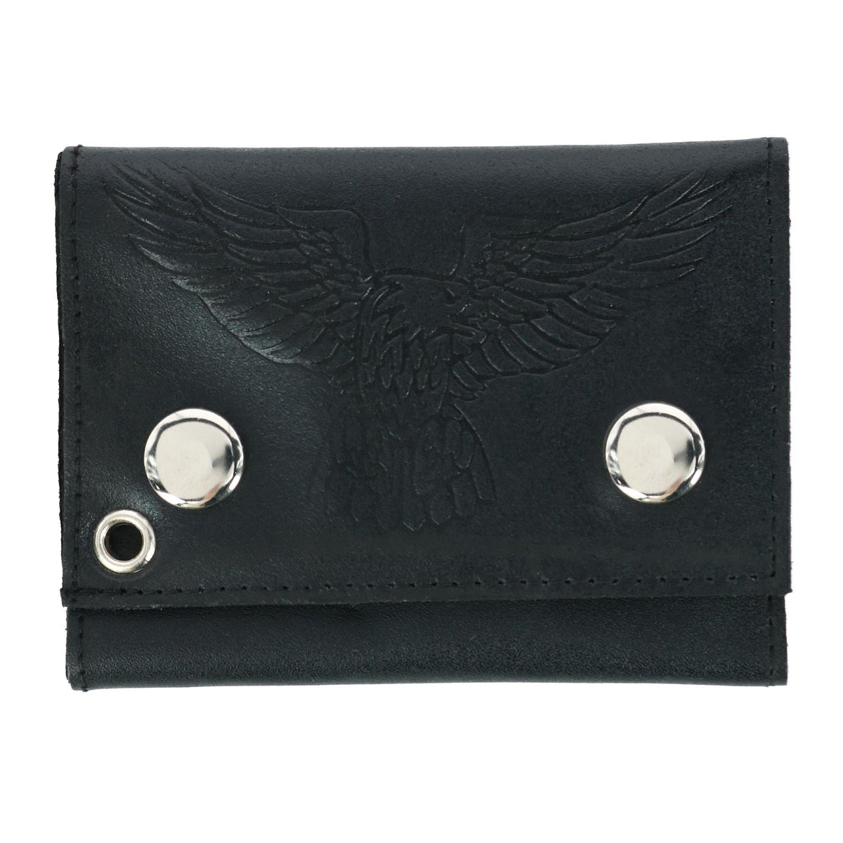 CTM® Men's Leather Eagle Print Trifold Double Snap Chain Wallet - Black