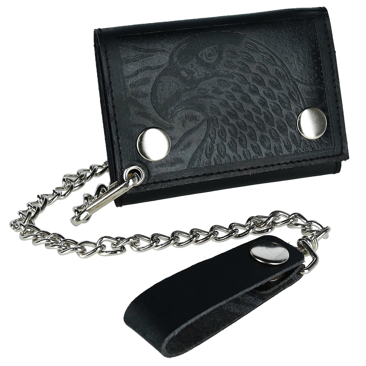 CTM® Men's Leather Eagle Imprint Trifold Chain Wallet - Black