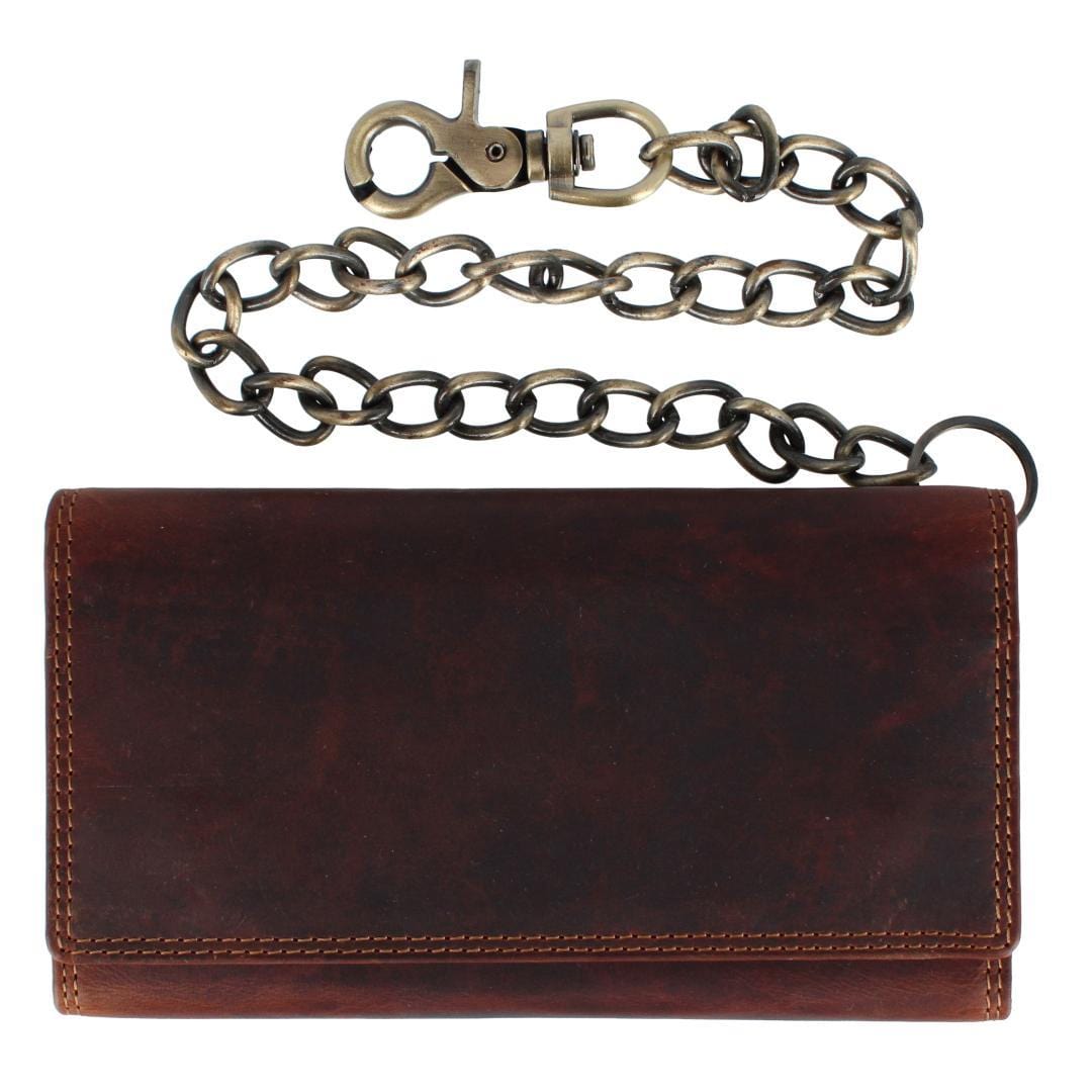 CTM® Men's Crazy Horse Leather Long Trifold Checkbook Chain Wallet