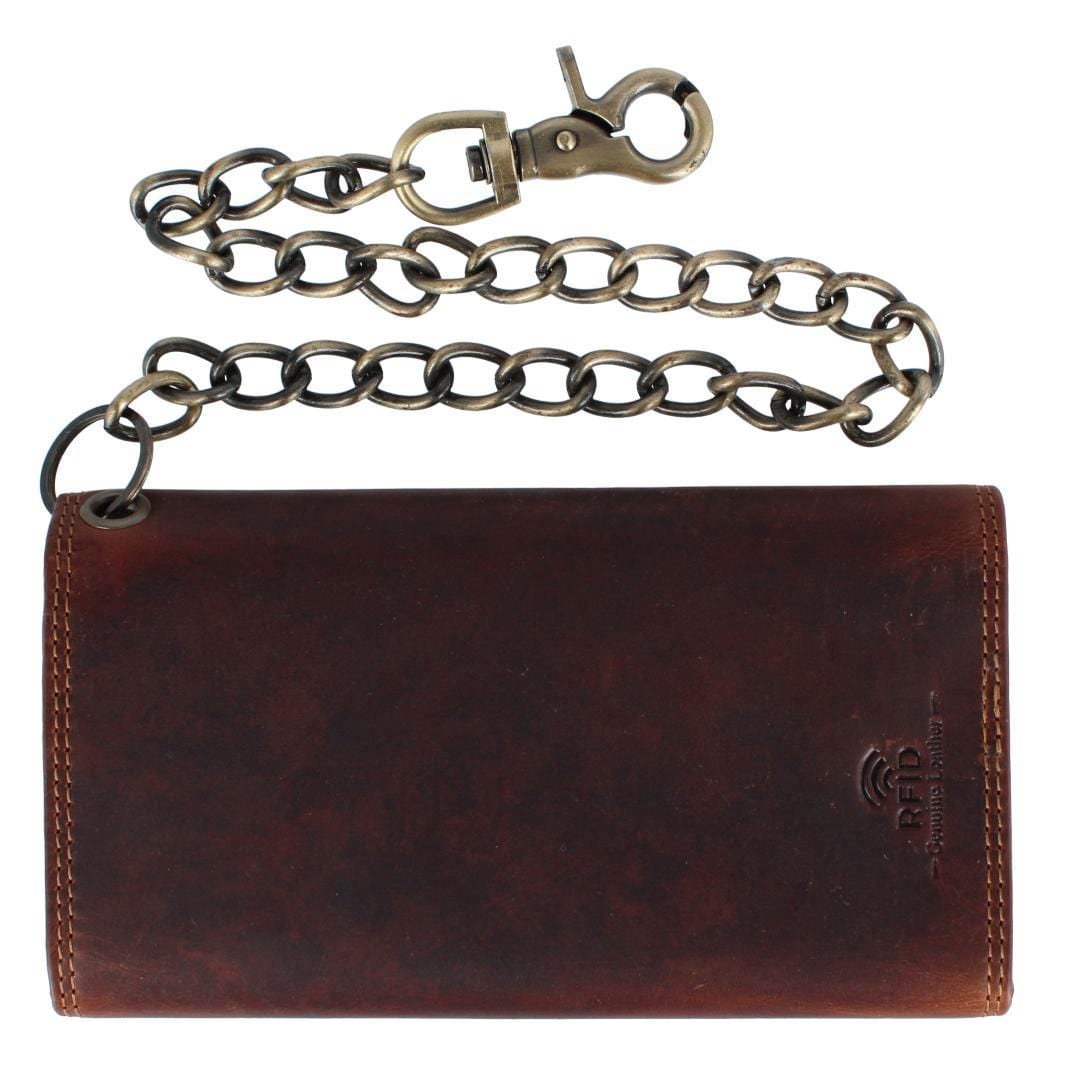 CTM® Men's Crazy Horse Leather Long Trifold Checkbook Chain Wallet - Brown