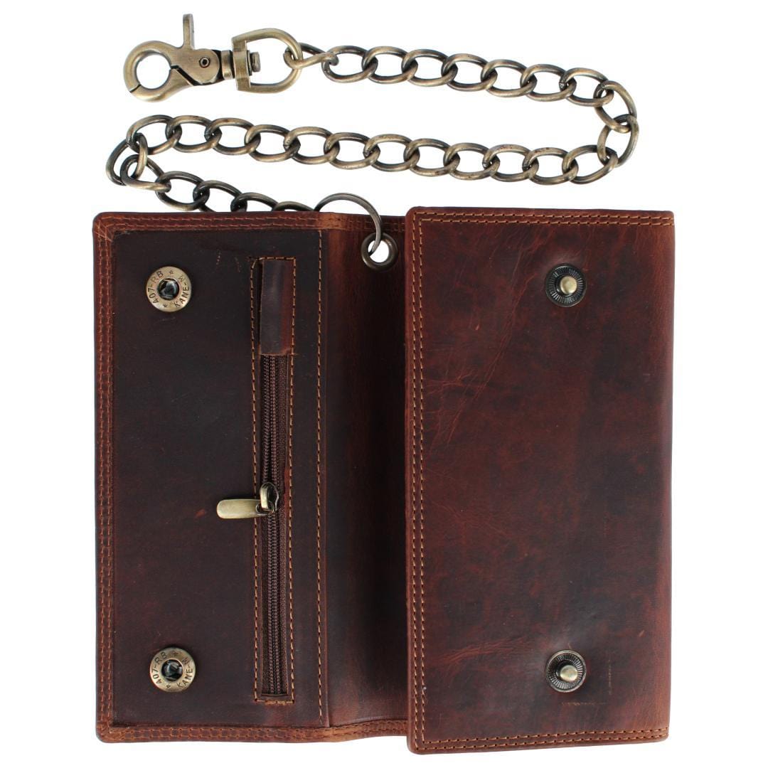 CTM® Men's Crazy Horse Leather Long Trifold Checkbook Chain Wallet - Brown