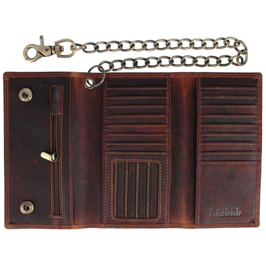 CTM® Men's Crazy Horse Leather Long Trifold Checkbook Chain Wallet - Brown