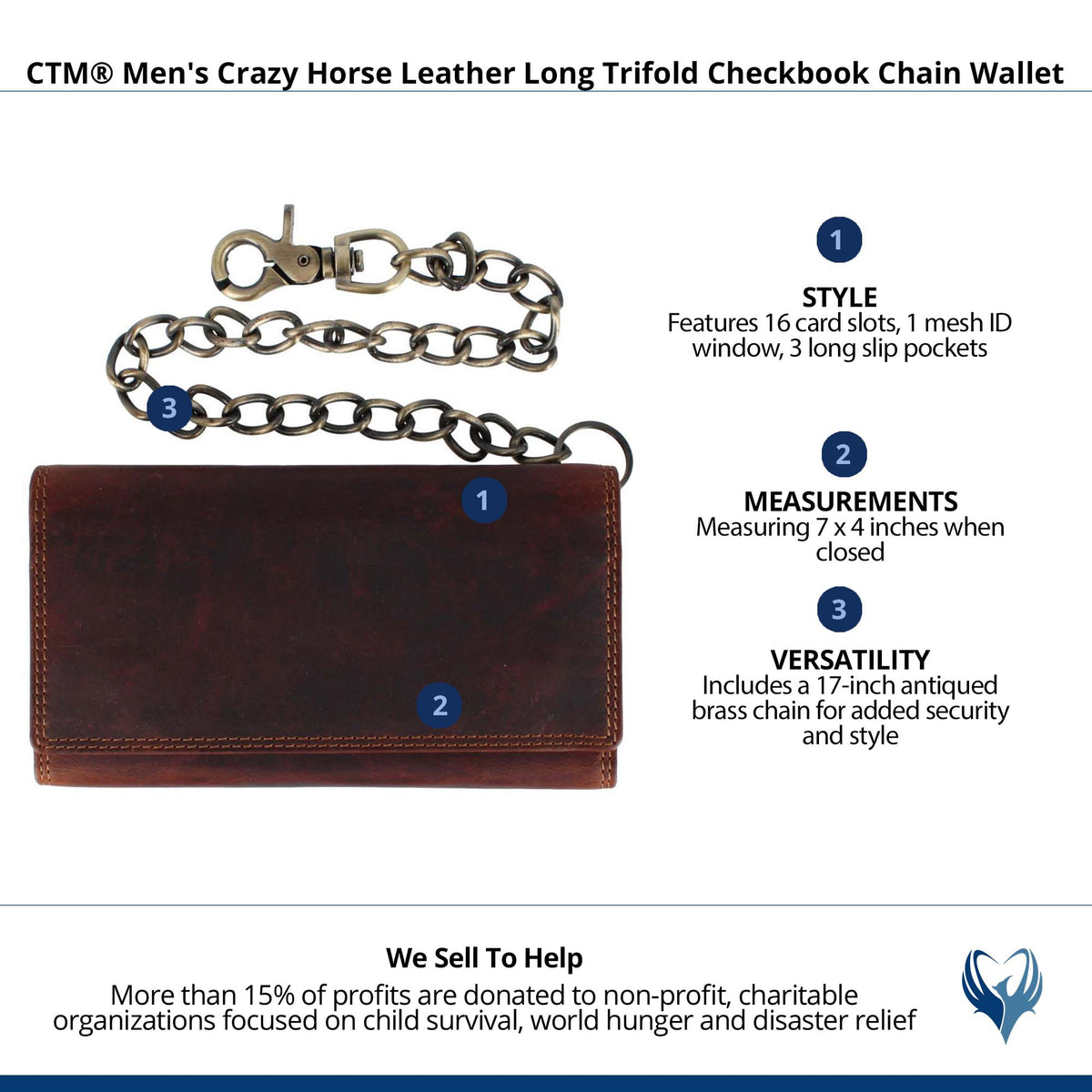 CTM® Men's Crazy Horse Leather Long Trifold Checkbook Chain Wallet - Brown