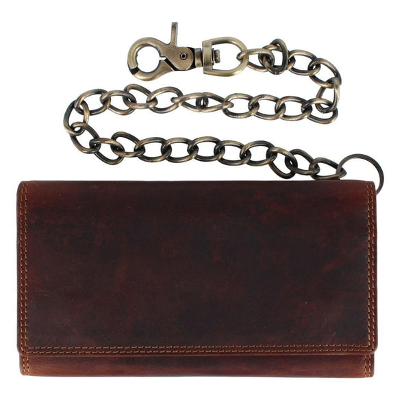 Men's Crazy Horse Leather Long Trifold Checkbook Chain Wallet
