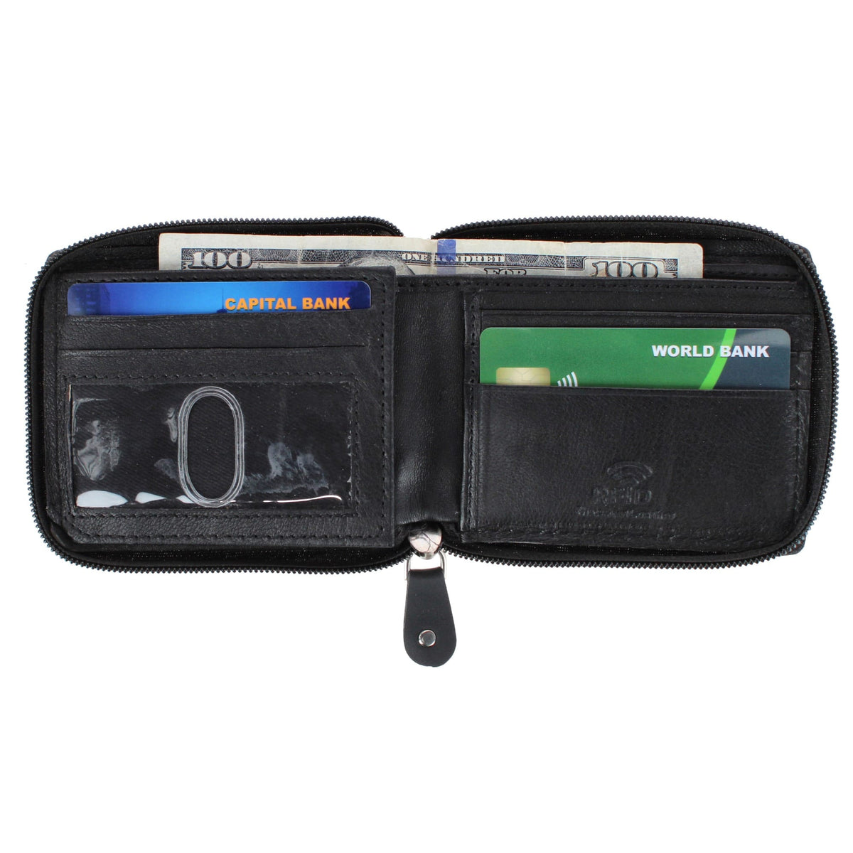 CTM® Men's RFID Leather Zip Around Bifold Wallet by Swiss Marshall - Black