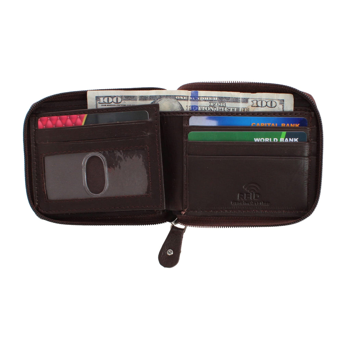 CTM® Men's RFID Leather Zip Around Bifold Wallet by Swiss Marshall - Brown