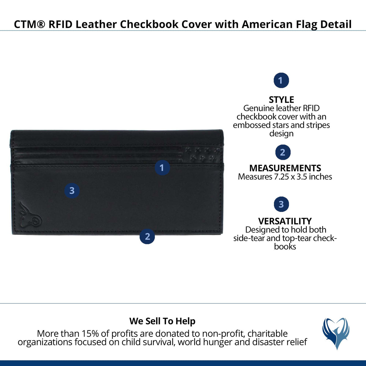 CTM® RFID Leather Checkbook Cover with American Flag Detail - Black