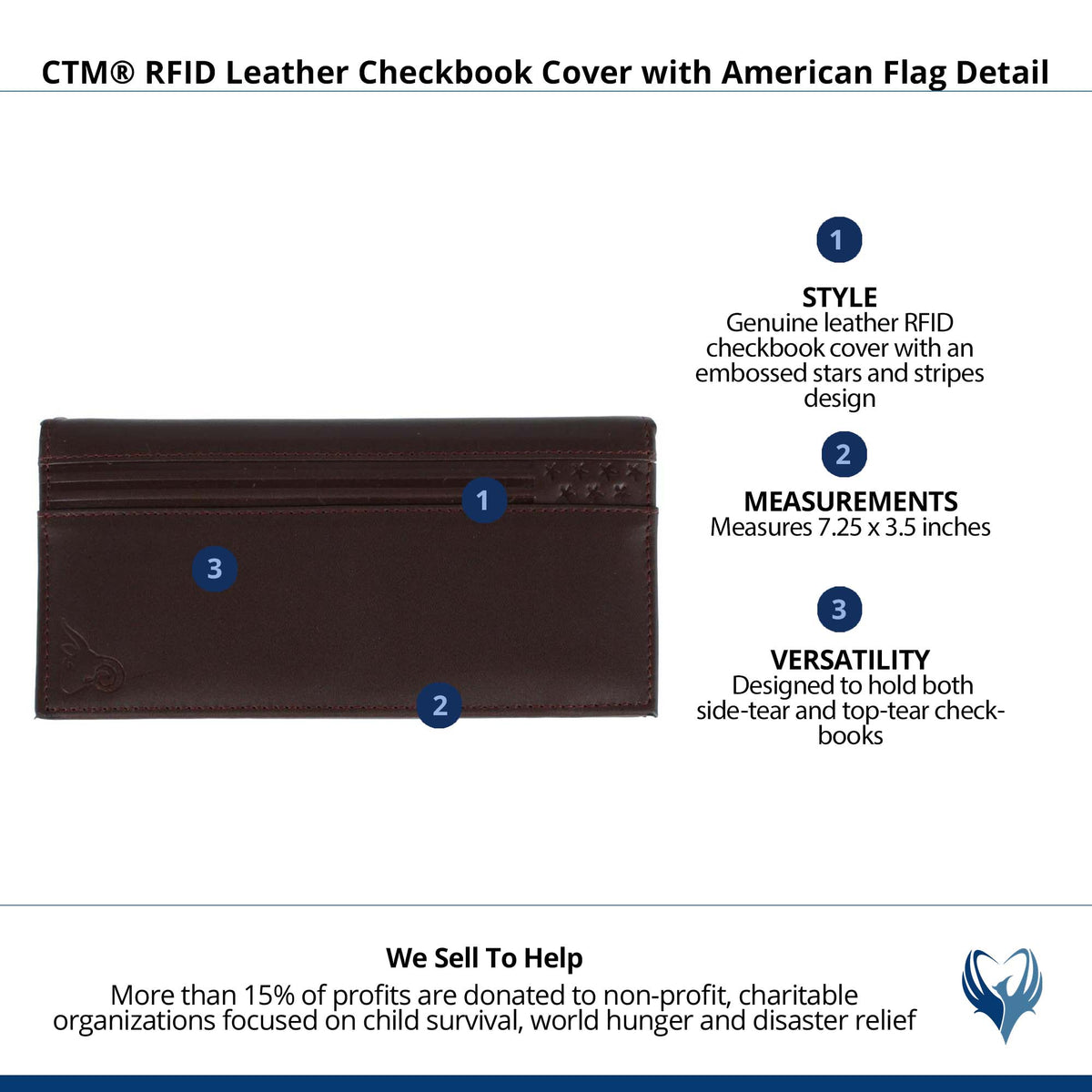 CTM® RFID Leather Checkbook Cover with American Flag Detail - Dark Brown