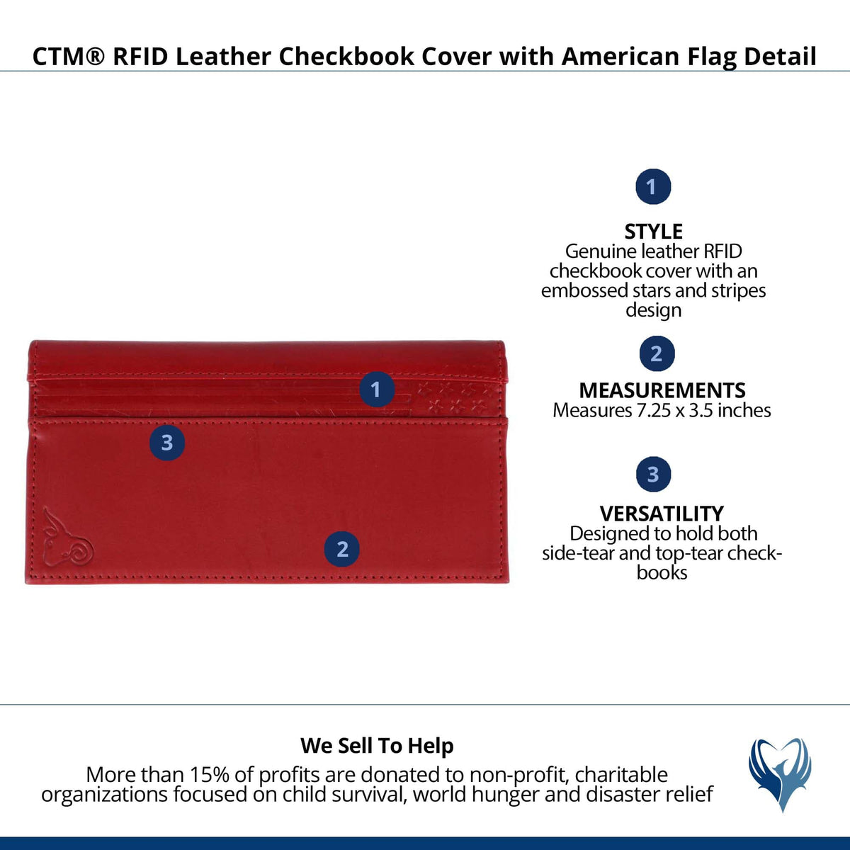 CTM® RFID Leather Checkbook Cover with American Flag Detail - Red
