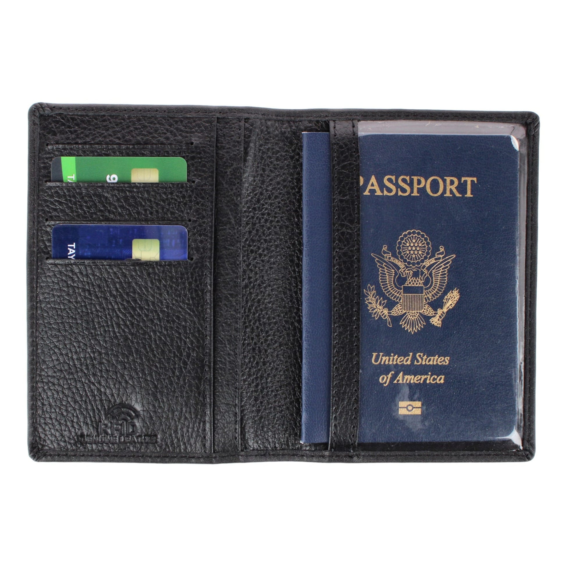 CTM® Classic Genuine Leather Passport Wallet with Tracker Tag Pocket - Black