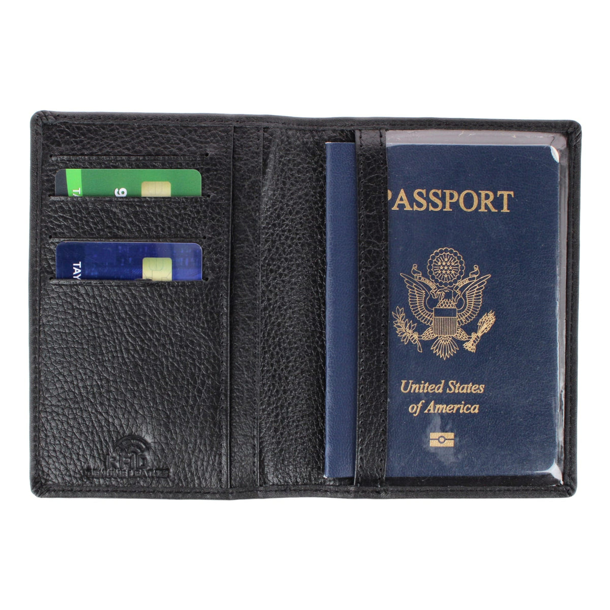CTM® Classic Genuine Leather Passport Wallet with Tracker Tag Pocket - Black