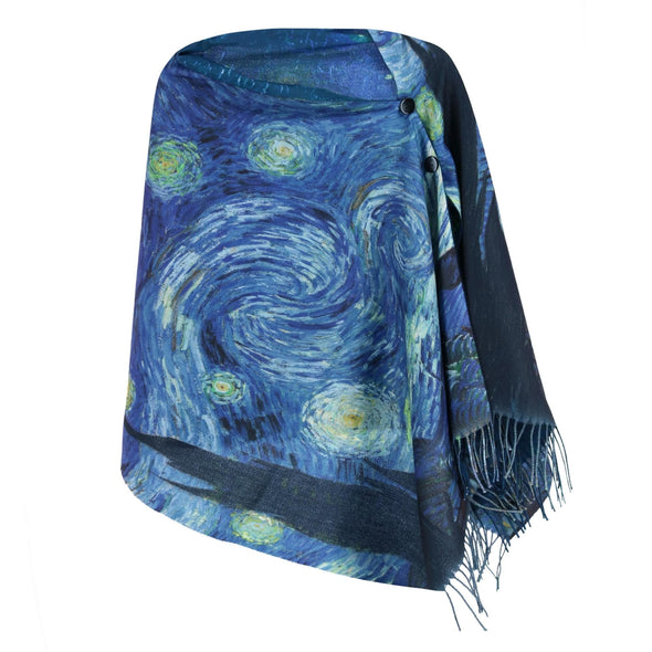 Women's Reversible Sueded Van Gogh Print Button Shawl