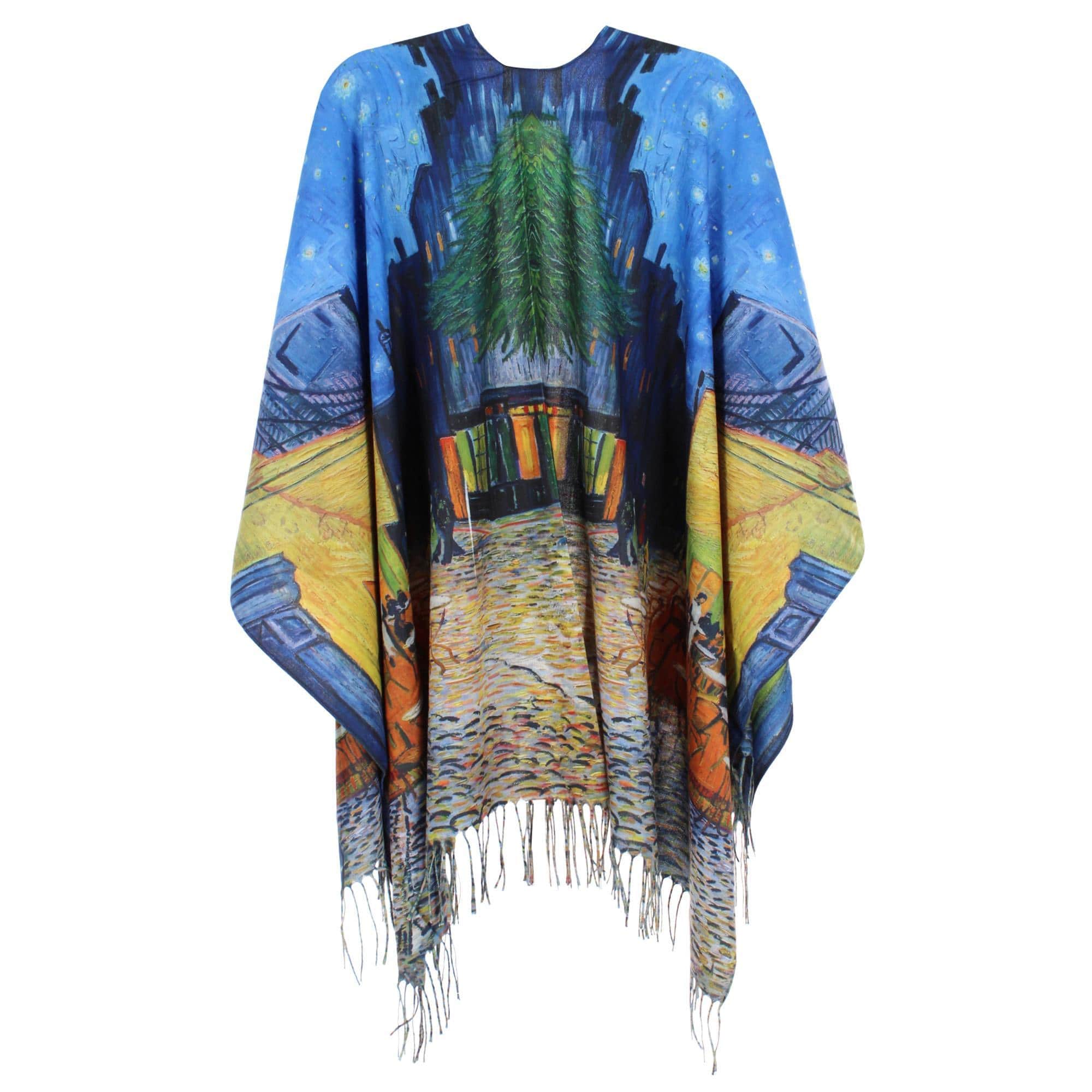 The Magic Scarf Company Women's Van Gogh Cafe Terrace Print Ruana Shawl Cape - Blue Multi