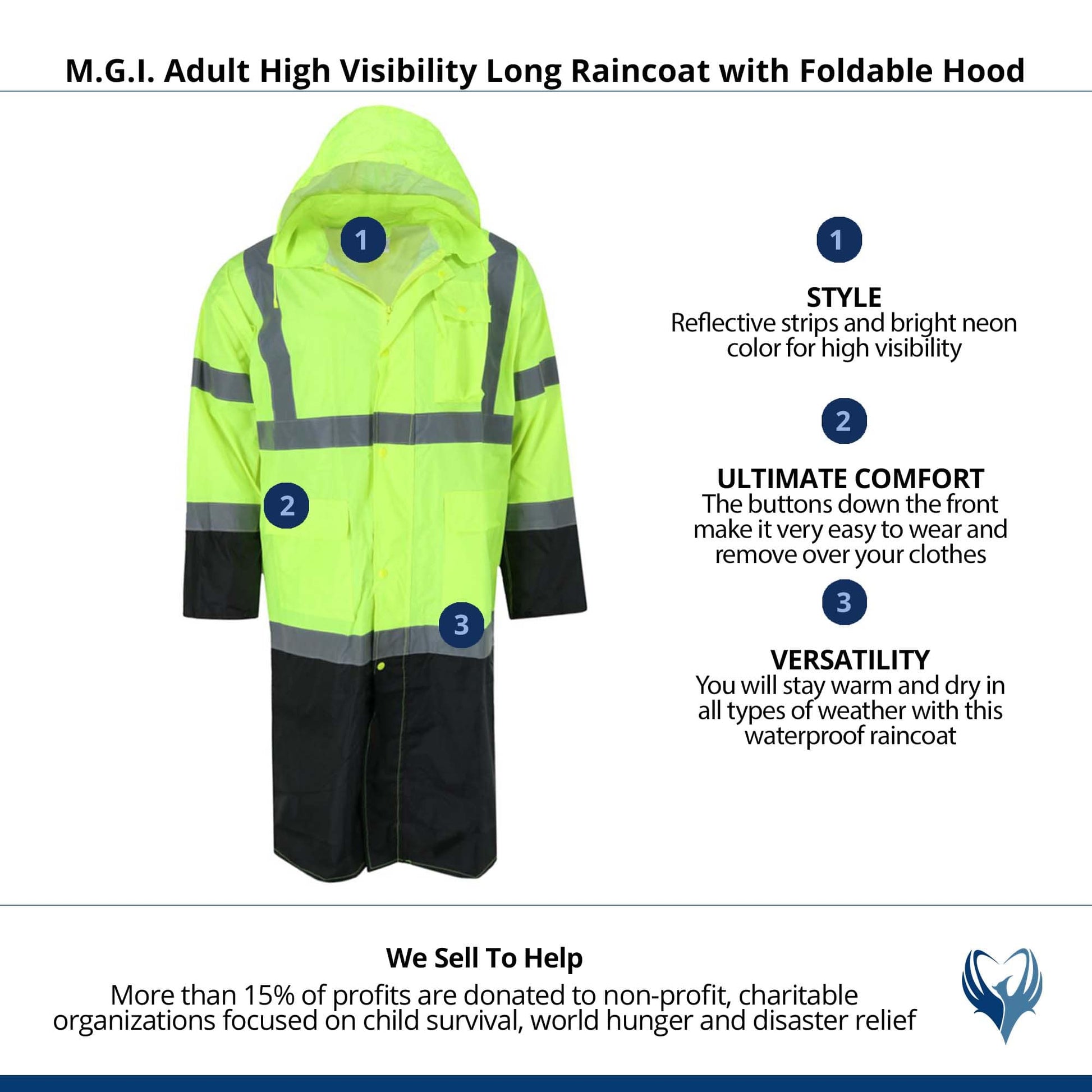 M.G.I. Adult High Visibility Long Raincoat with Foldable Hood - Yellow