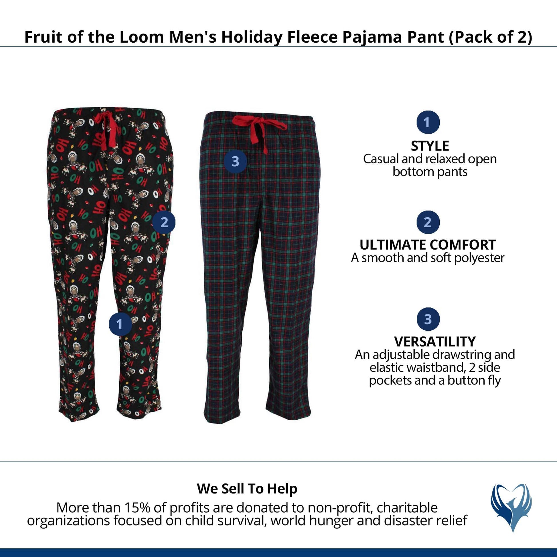 Fruit of the Loom Men's Holiday Fleece Pajama Pant (Pack of 2) - Black Reindeer and Navy Plaid