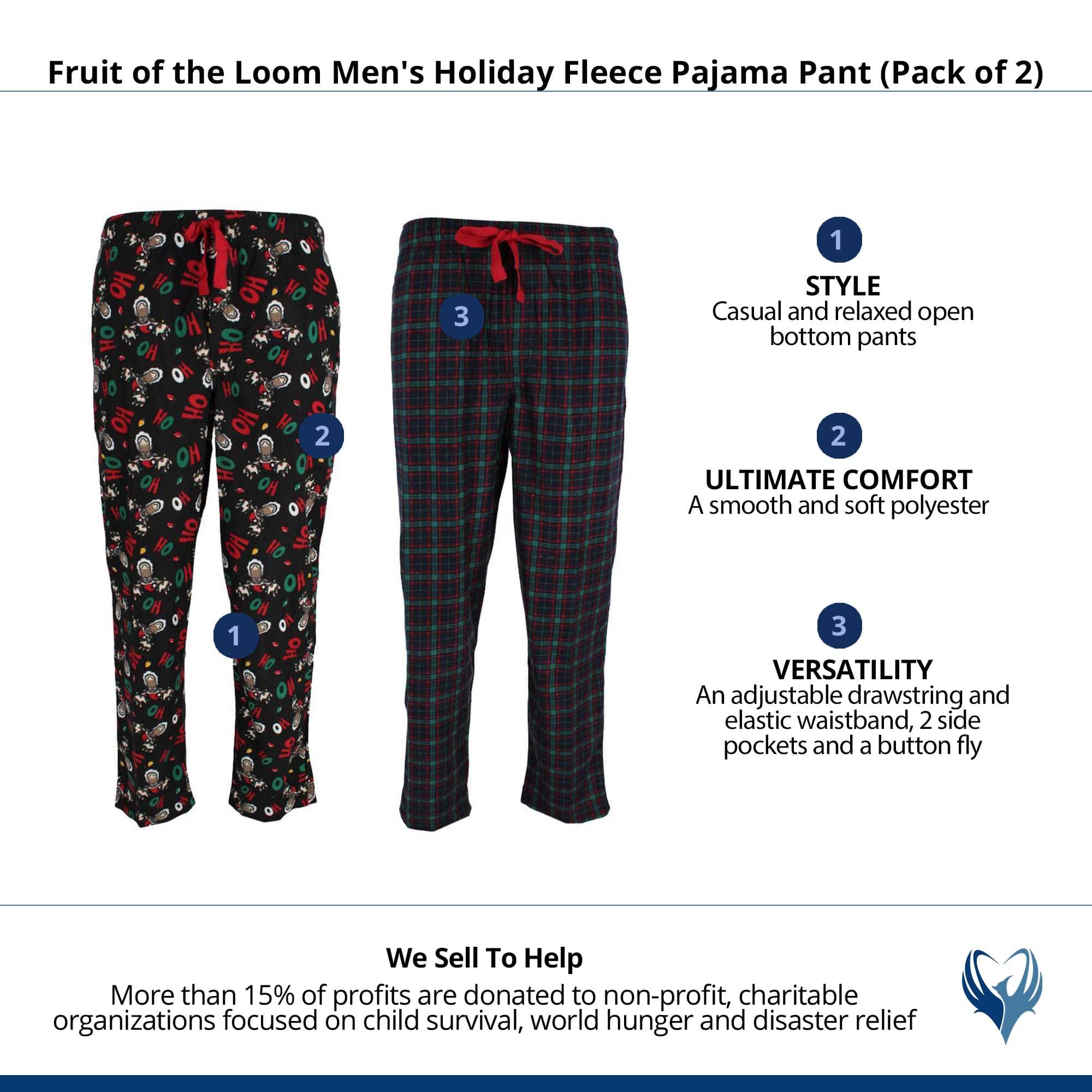 Fruit of the Loom Men's Holiday Fleece Pajama Pant (Pack of 2) - Black Reindeer and Navy Plaid