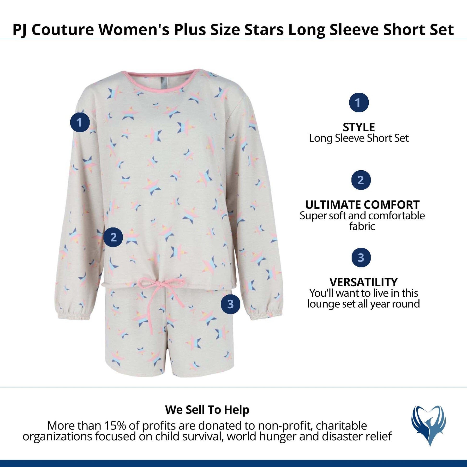PJ Couture Women's Plus Size Stars Long Sleeve Short Set - Grey