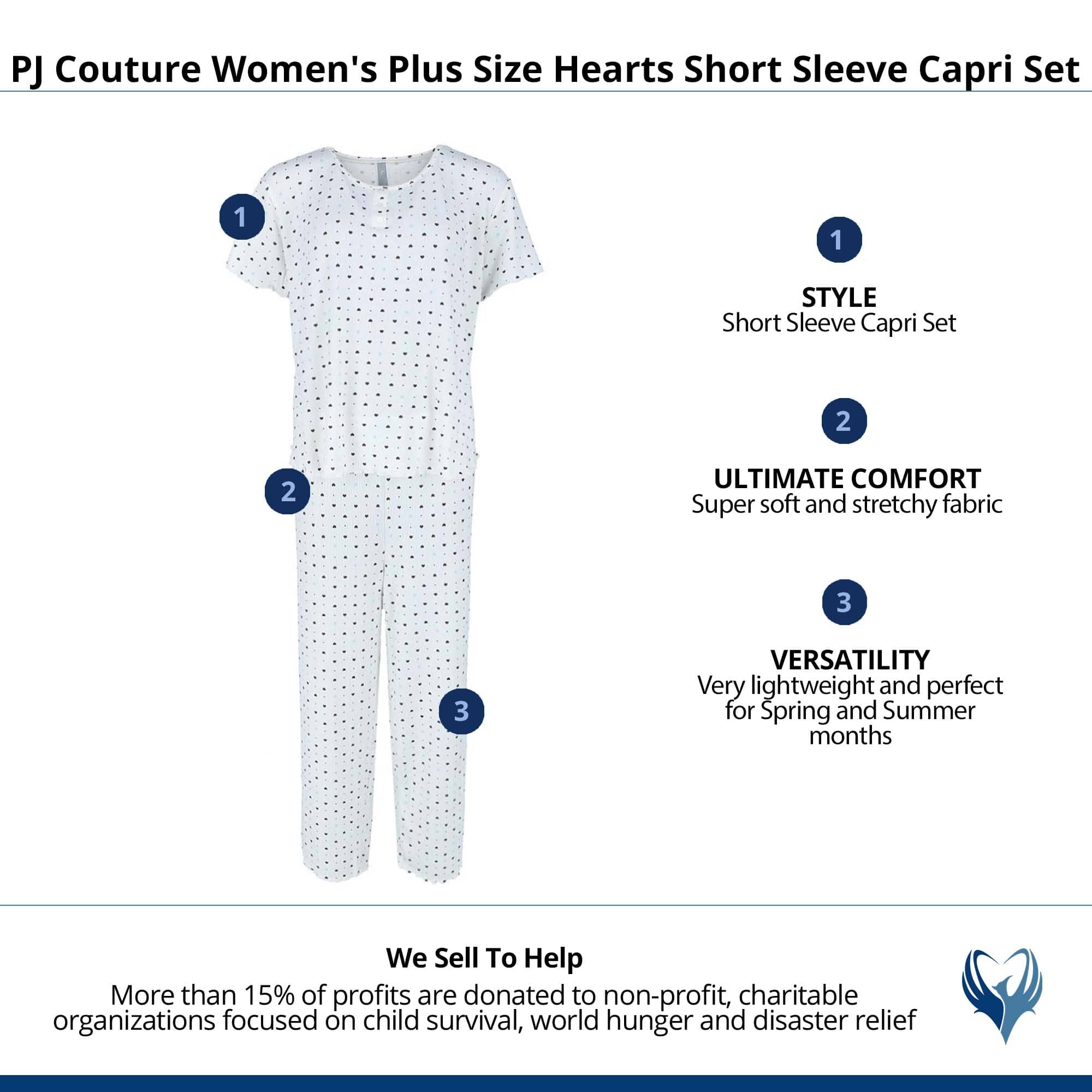 PJ Couture Women's Plus Size Hearts Short Sleeve Capri Set - White