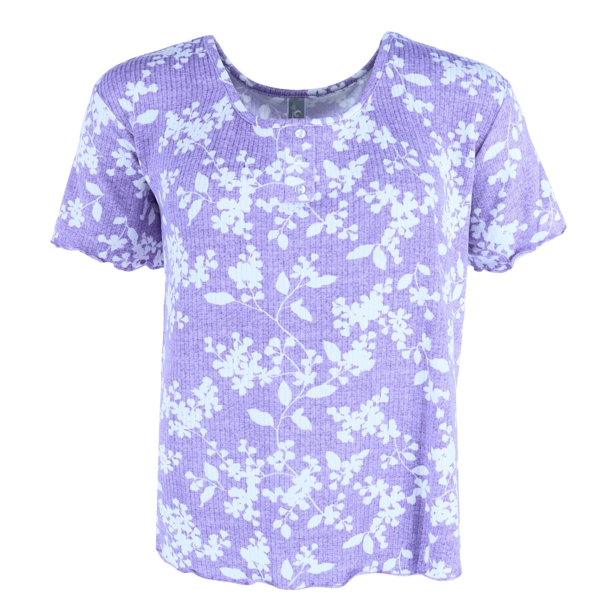 PJ Couture Women's Plus Size Lightweight Ribbed Tropical Print Pajama Set - Purple
