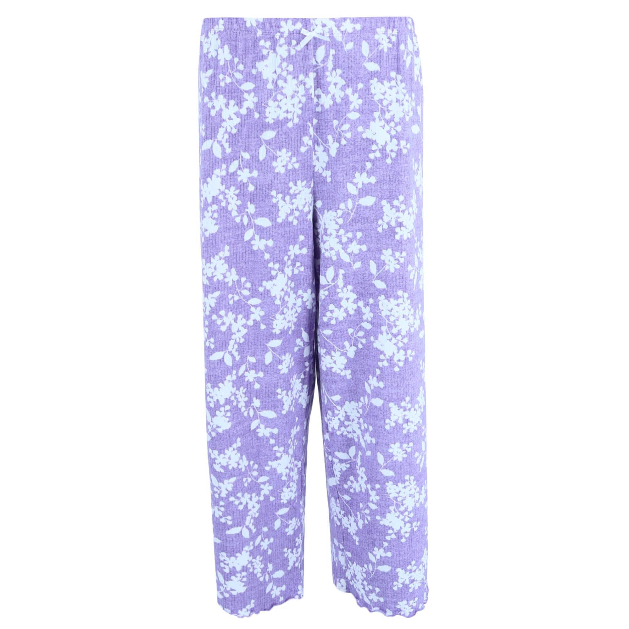 PJ Couture Women's Plus Size Lightweight Ribbed Tropical Print Pajama Set - Purple