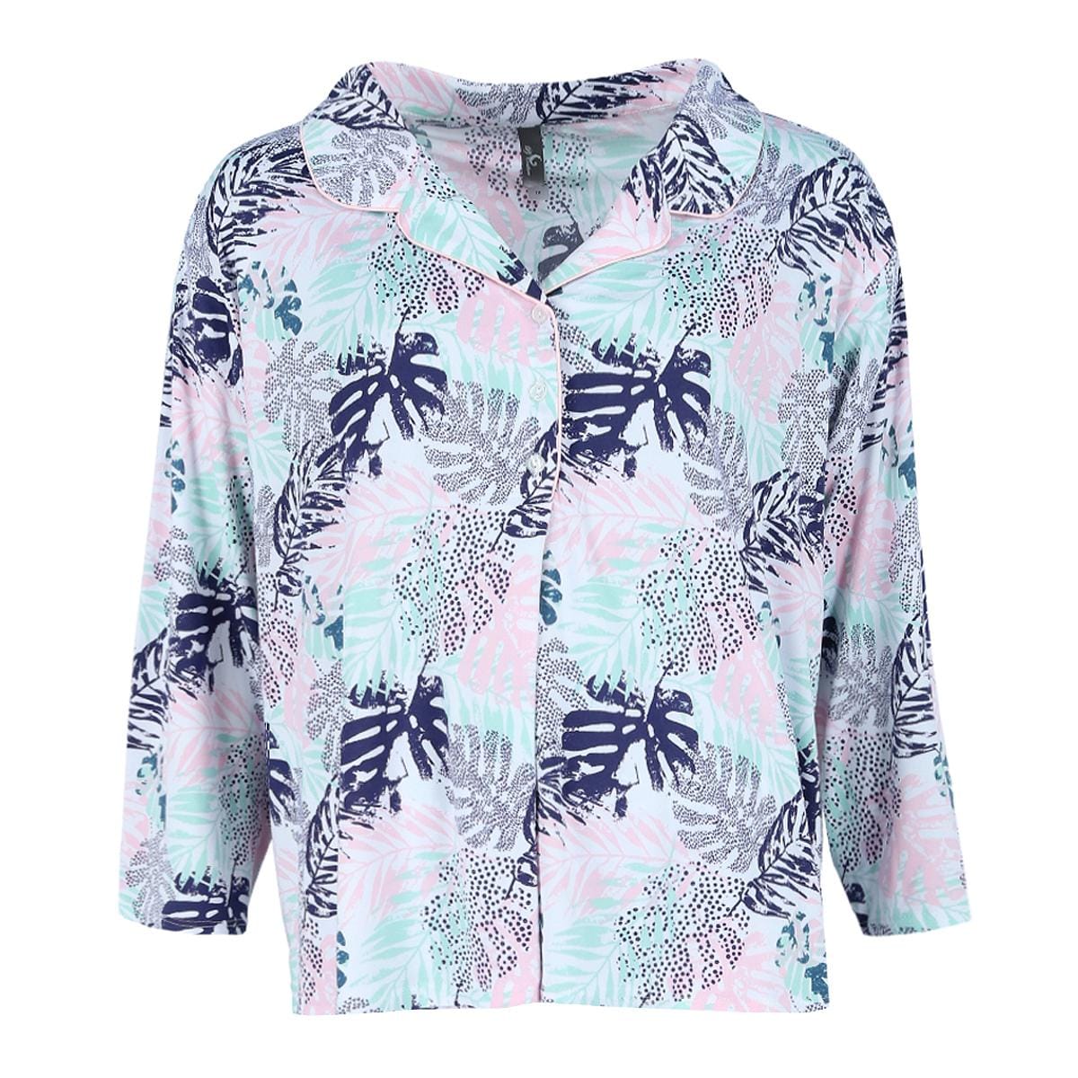 PJ Couture Women's Plus Size Tropic Palms Notch Collar Short Set - Green
