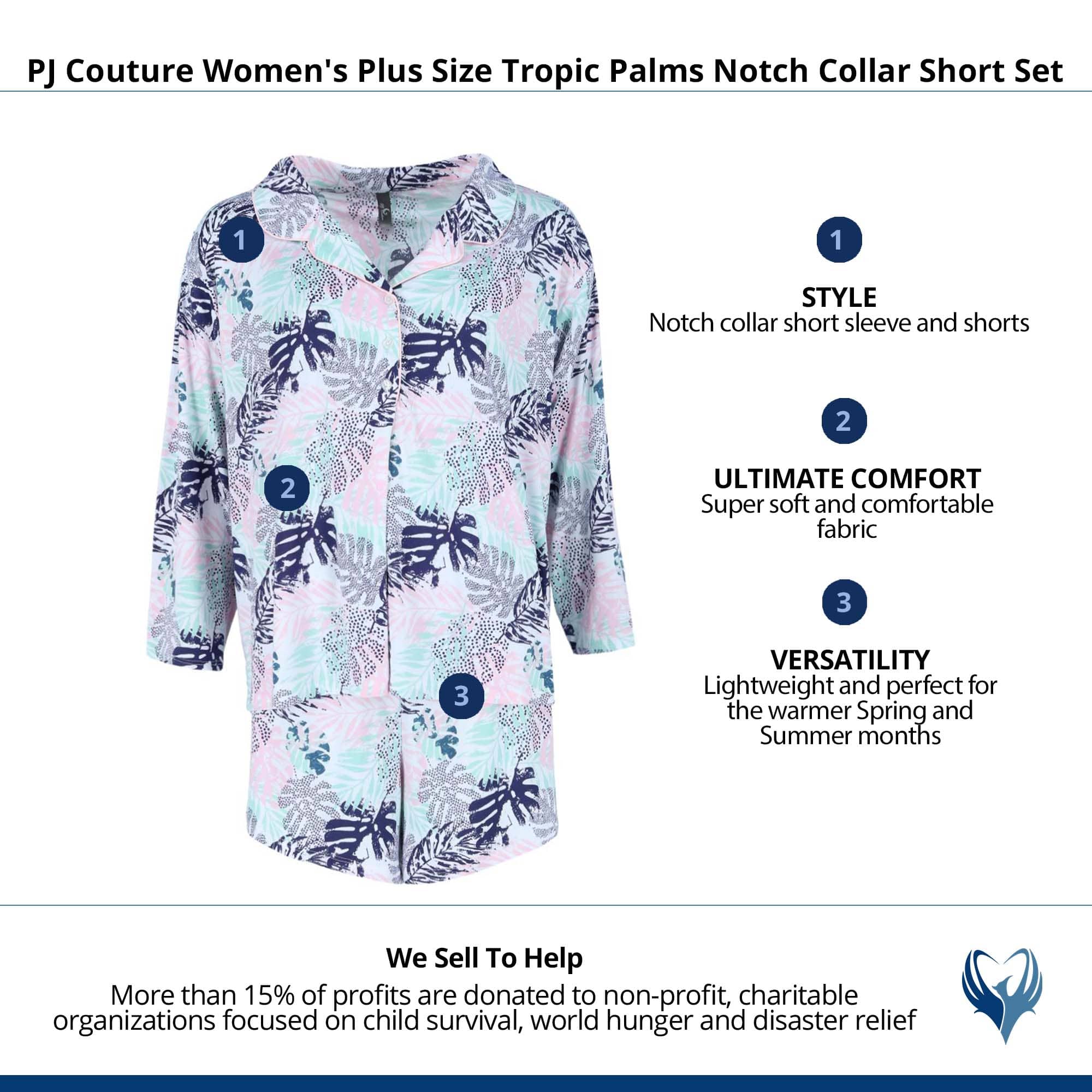 PJ Couture Women's Plus Size Tropic Palms Notch Collar Short Set - Green