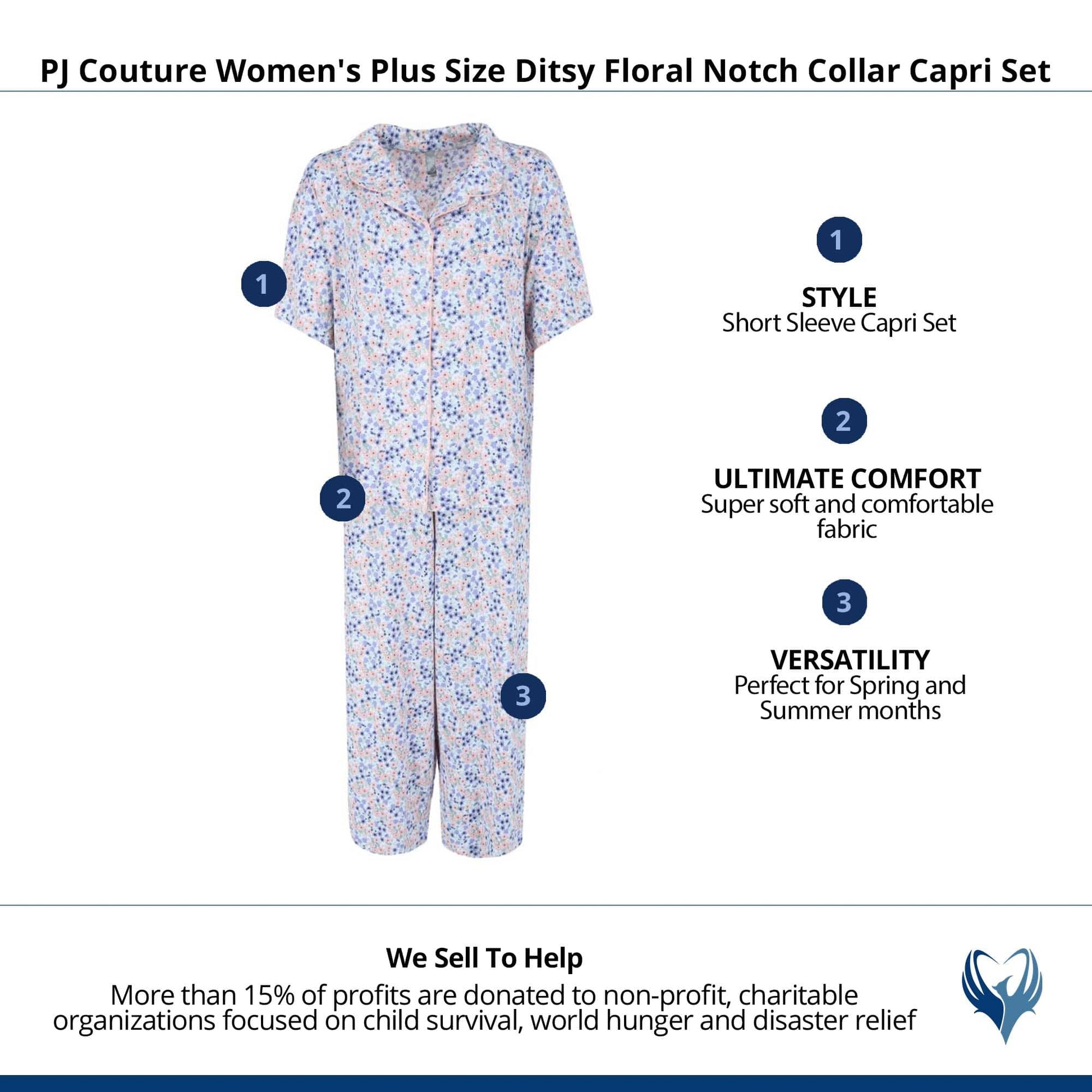 PJ Couture Women's Plus Size Ditsy Floral Notch Collar Capri Set - Purple
