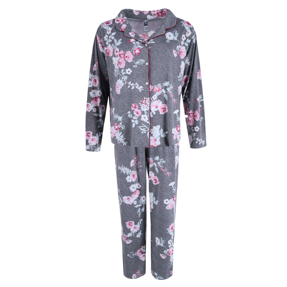 PJ Couture Women's Plus Size Floral Print Notch Pajama Set - Grey