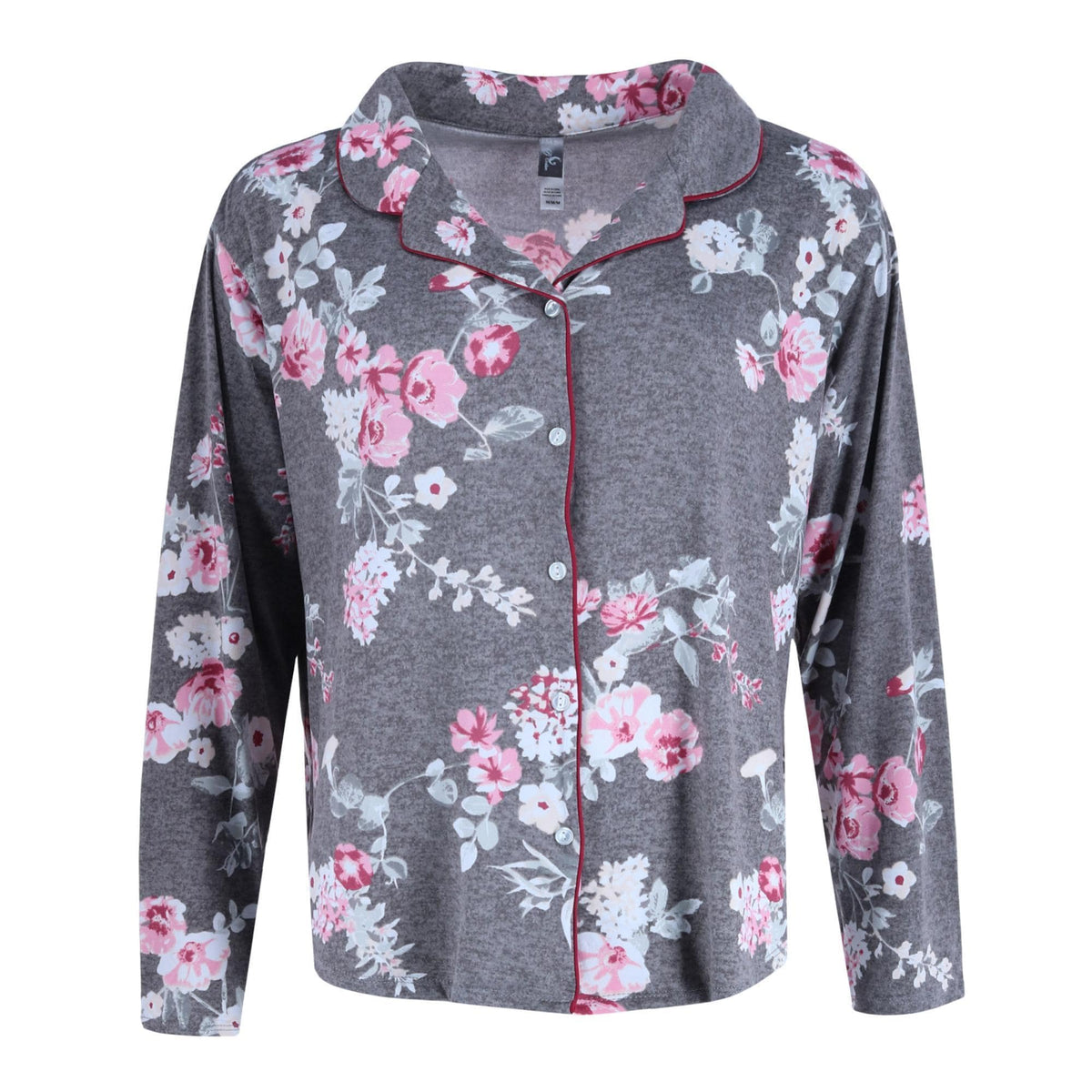 PJ Couture Women's Plus Size Floral Print Notch Pajama Set - Grey