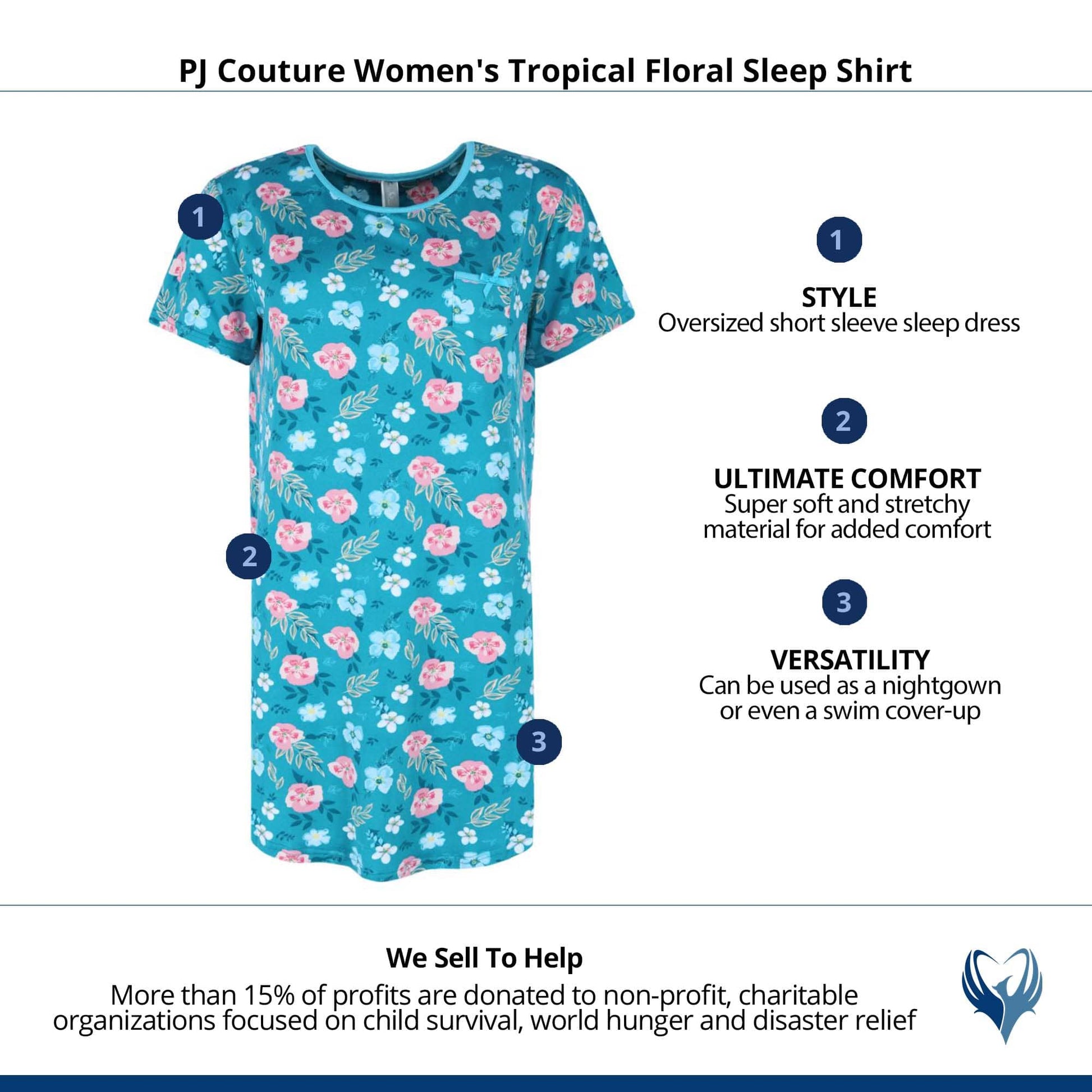 PJ Couture Women's Tropical Floral Sleep Shirt - Teal