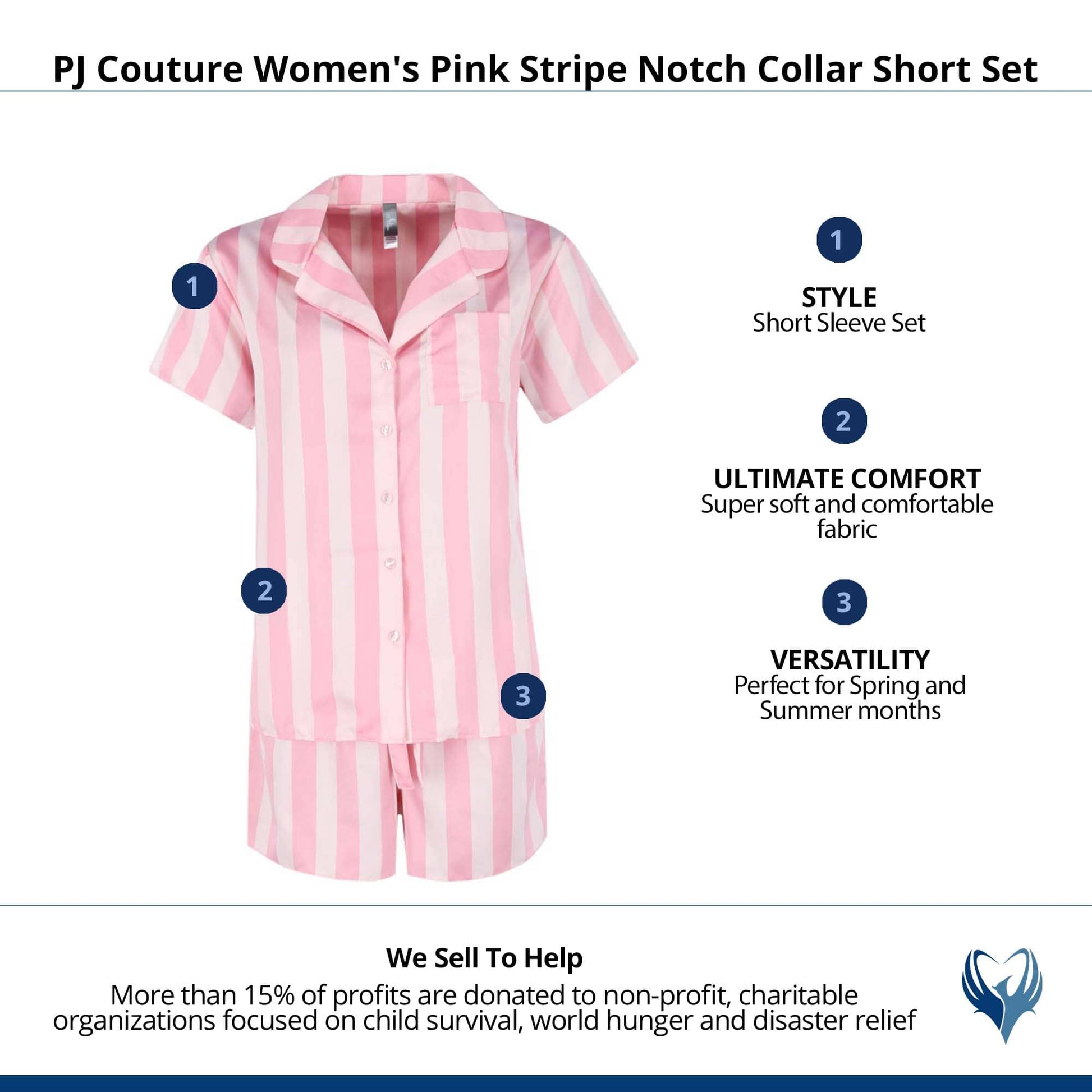 PJ Couture Women's Pink Stripe Notch Collar Short Set - Pink