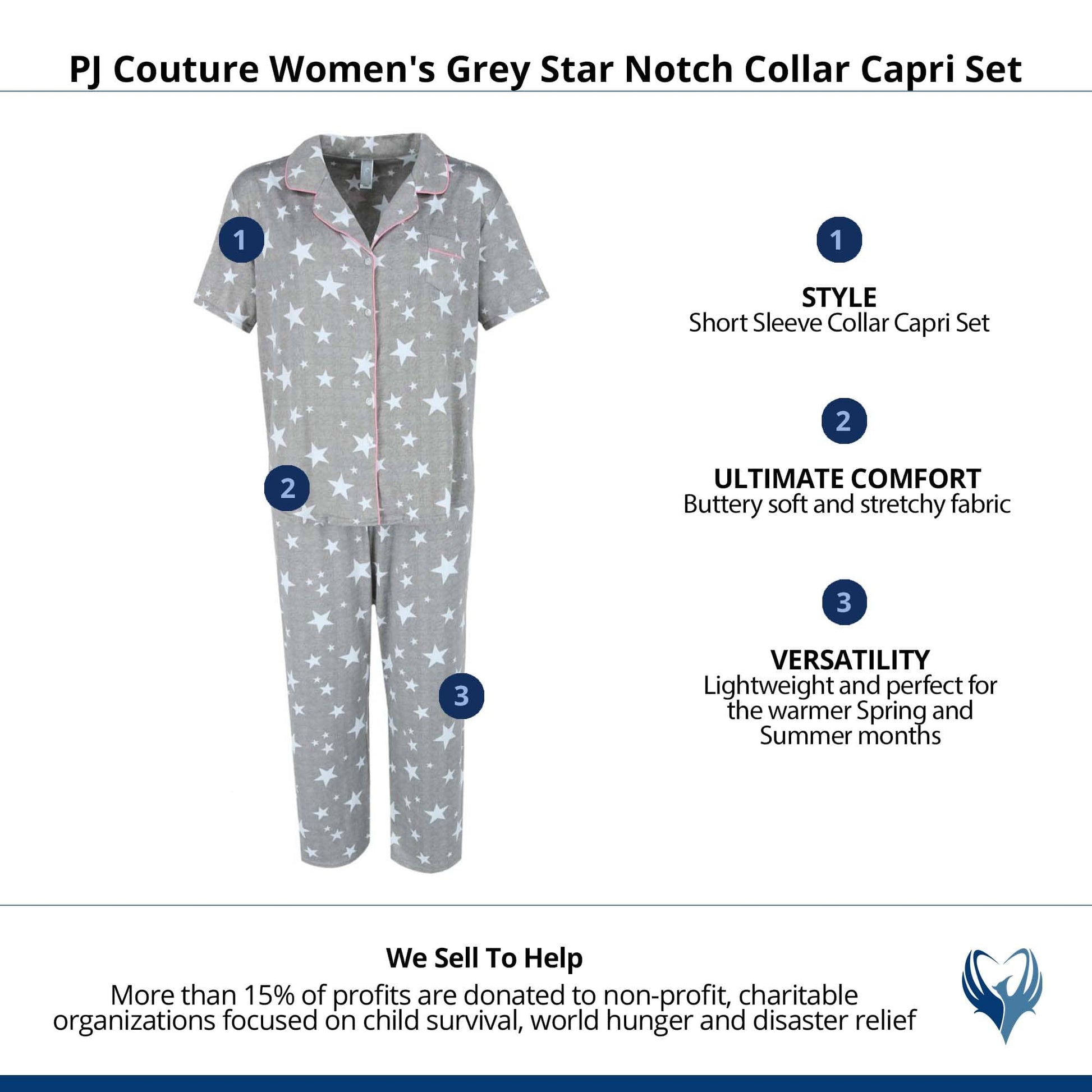 PJ Couture Women's Grey Star Notch Collar Capri Set - Grey