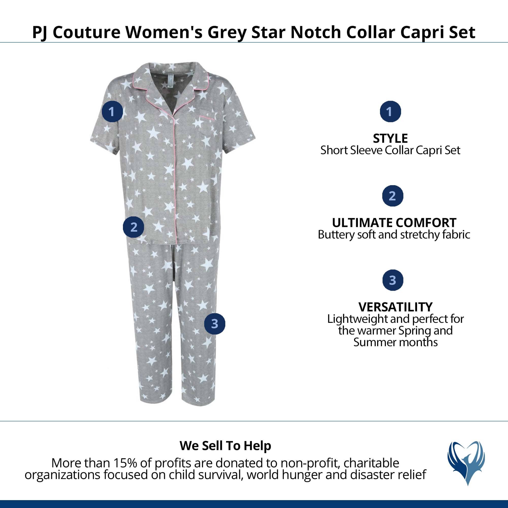PJ Couture Women's Grey Star Notch Collar Capri Set - Grey