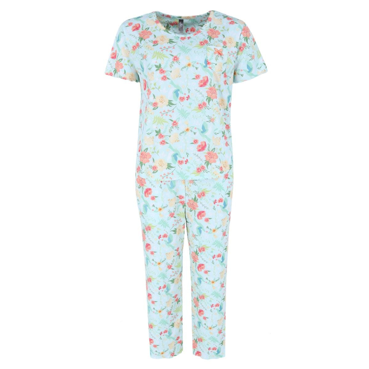 PJ Couture Women's Tropical Floral Ribbed Short Sleeve Capri Set - Blue