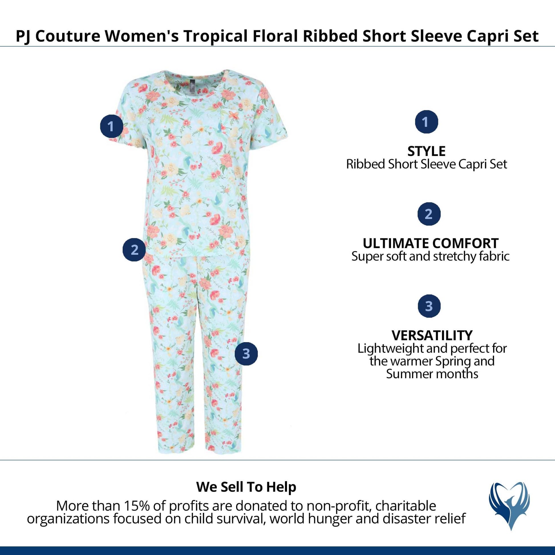 PJ Couture Women's Tropical Floral Ribbed Short Sleeve Capri Set - Blue