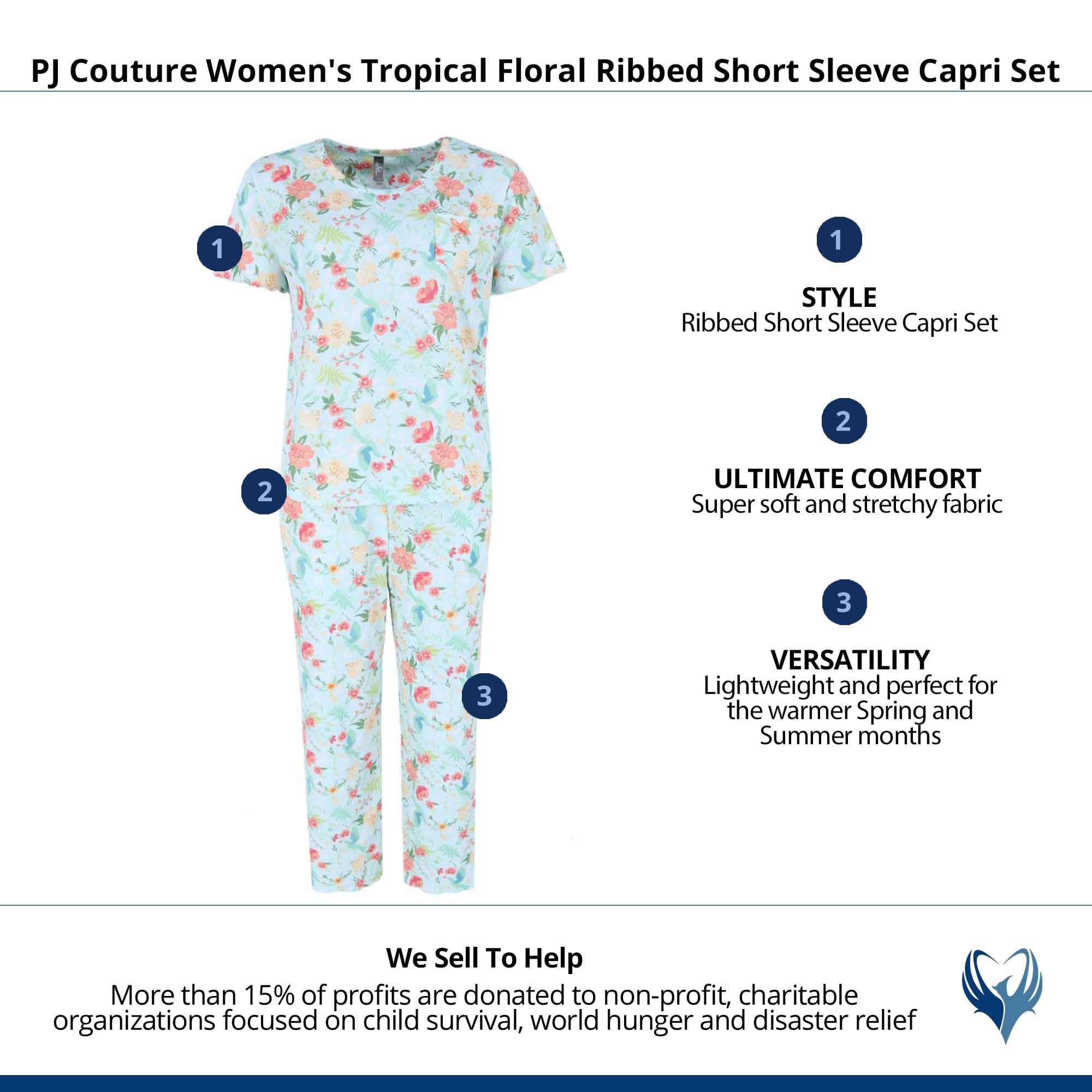 PJ Couture Women's Tropical Floral Ribbed Short Sleeve Capri Set - Blue