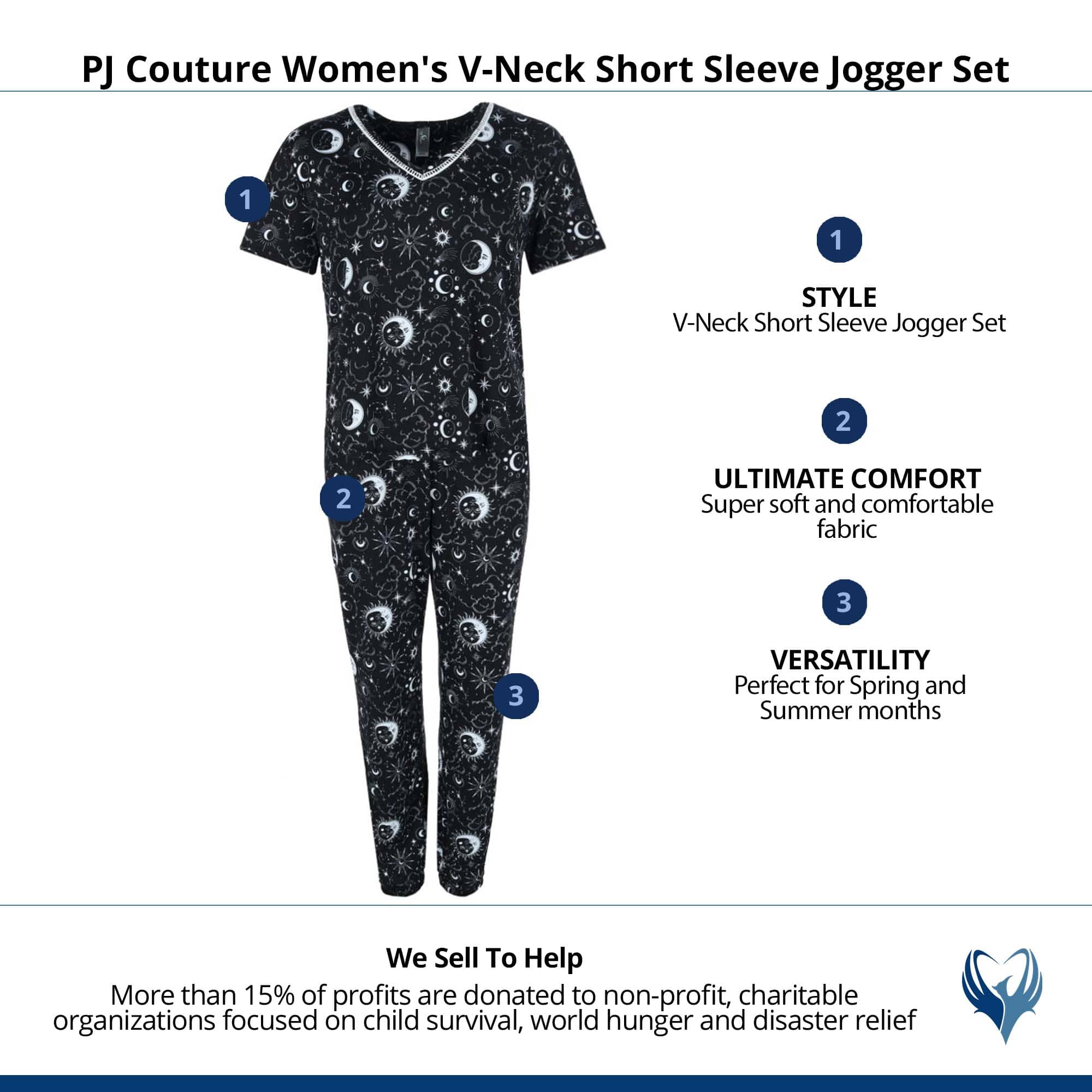 PJ Couture Women's V-Neck Short Sleeve Jogger Set - Black