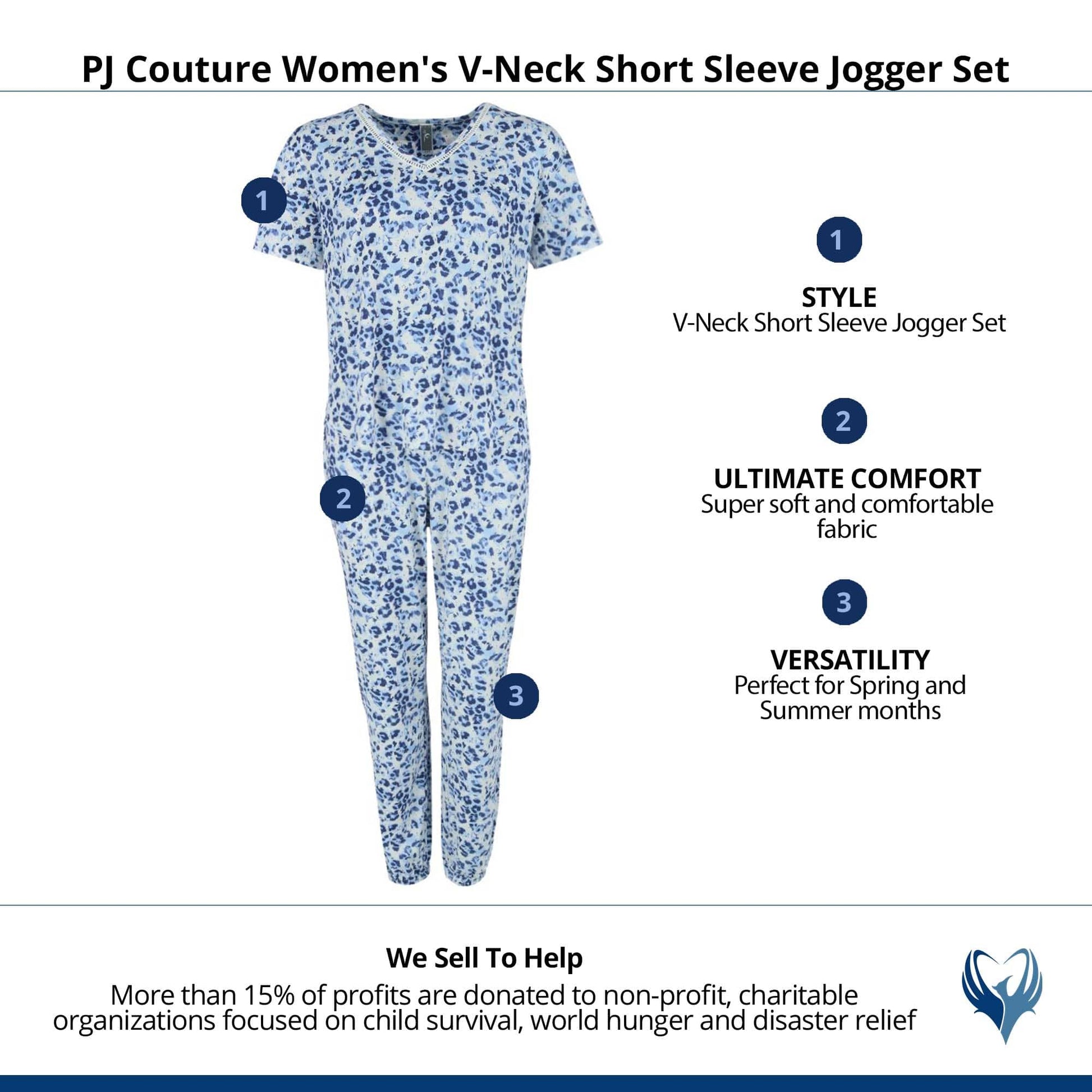 PJ Couture Women's V-Neck Short Sleeve Jogger Set - Blue
