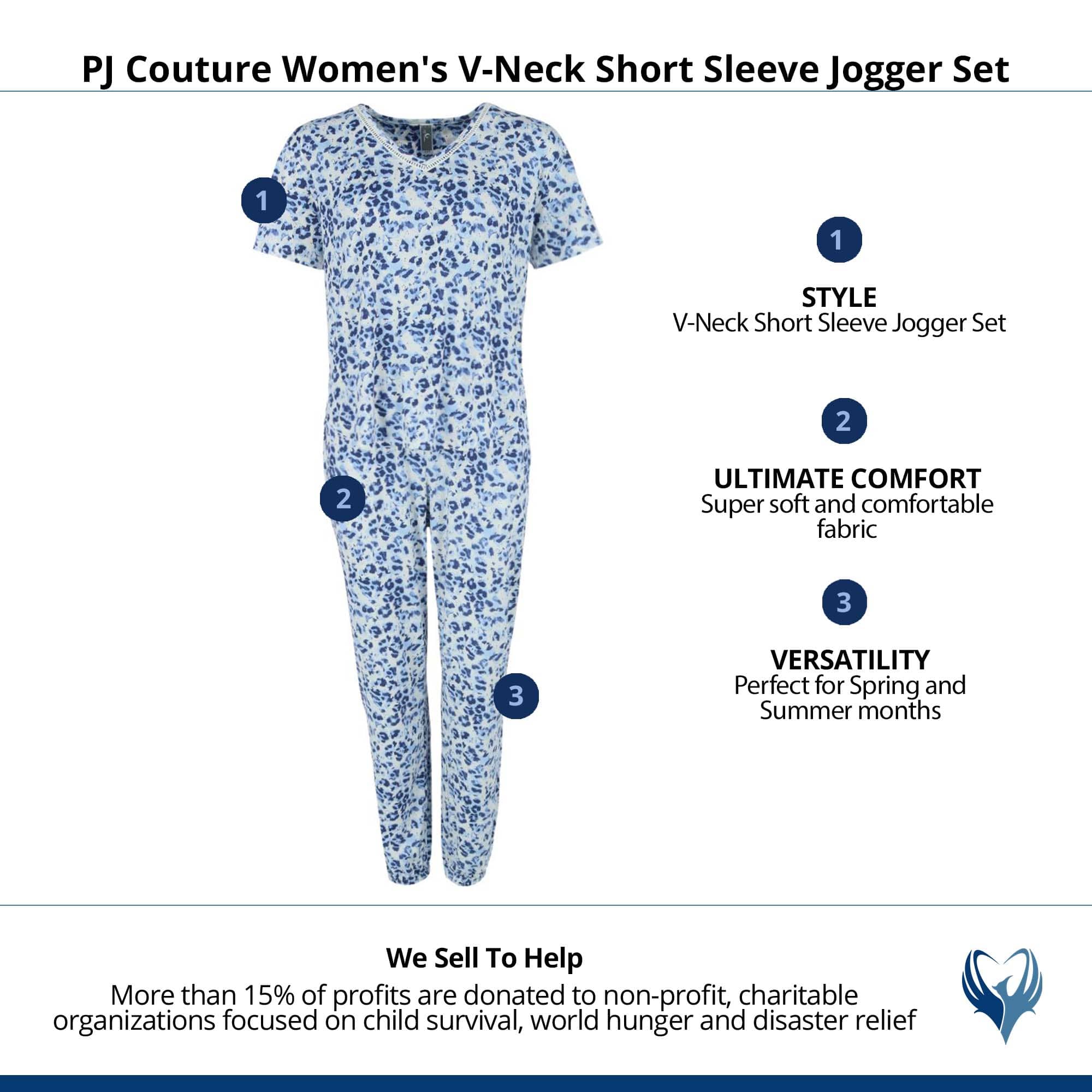 PJ Couture Women's V-Neck Short Sleeve Jogger Set - Blue