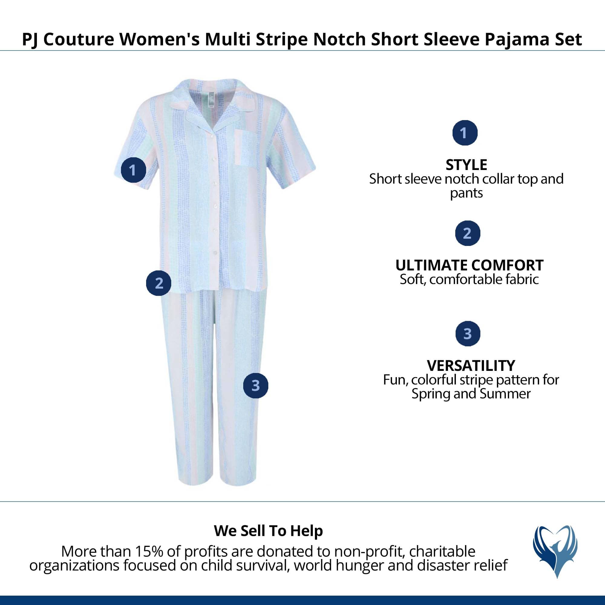 PJ Couture Women's Multi Stripe Notch Short Sleeve Pajama Set - Purple