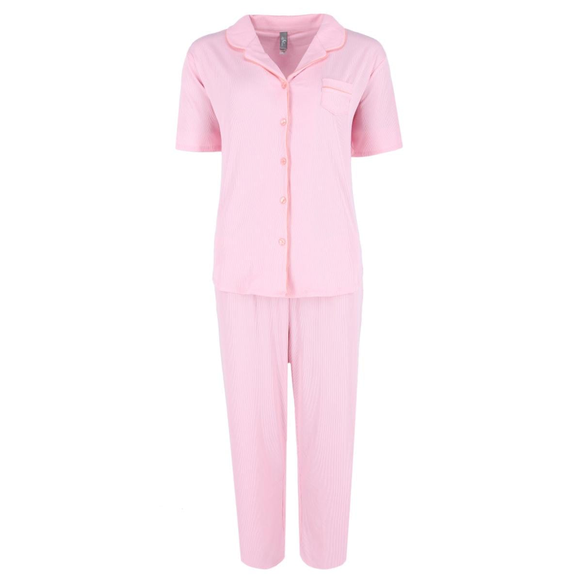 PJ Couture Women's Retro Notch Collar Short Sleeve Capri Set - Pink