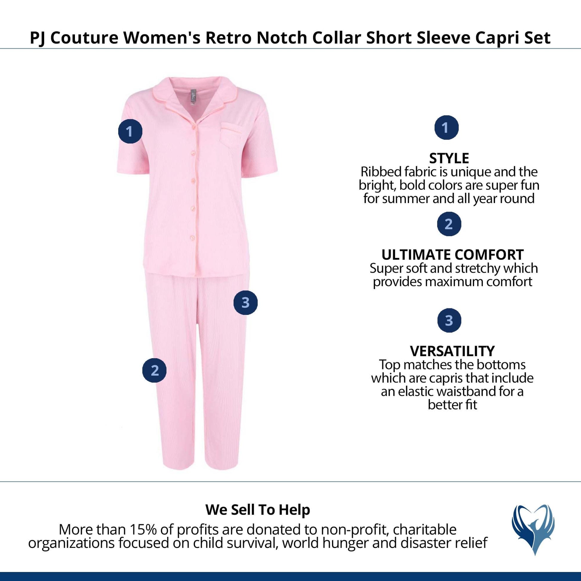 PJ Couture Women's Retro Notch Collar Short Sleeve Capri Set - Pink