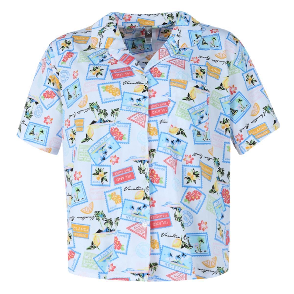 PJ Couture Women's Tropical Vacation Notch Collar Short Set - Blue